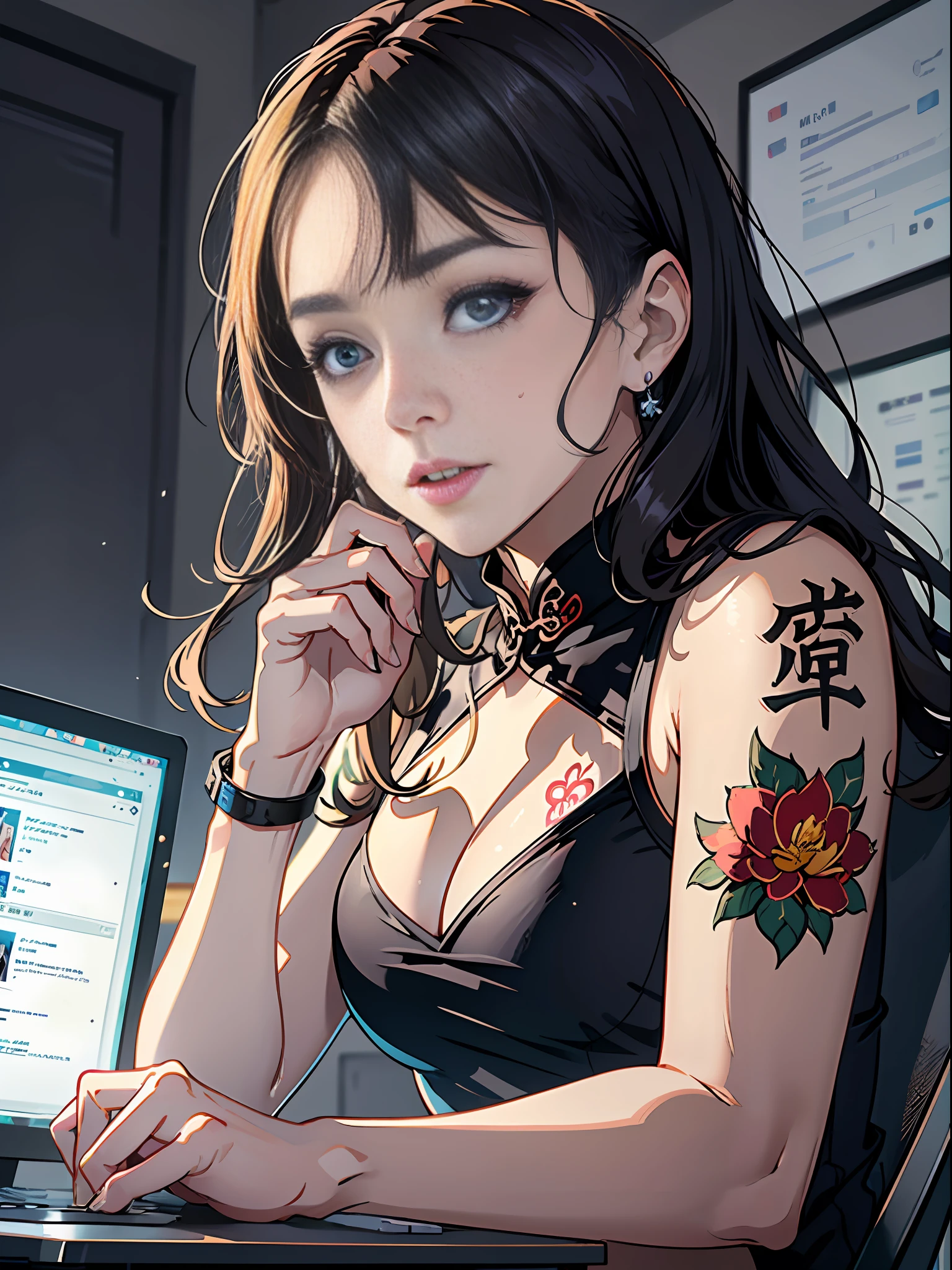 Woman reading and studying, young woman, computer in room, mature appearance, willow eyebrows, big eyes, crying, tears, tears, tears on face, sad, woman with delicate facial features, woman sitting on computer desk live stream, detail portrait, infinite detail, Tyndall effect, ultra definition, 8K, character tracing, ray tracing, modern woman, high appearance, beauty, intellectual beauty, sexy seduction, ((wearing red tight cheongsam))), (cosmopolitan beauty), (sexy), (seductive) (off the shoulder) A Chinese girl, 18 years old (orchid tattoo back 1.5), (open back 1.1) beautiful eyes, real face, real skin, realistic face, realistic skin, detailed eyes, detailed facial features, detailed clothing features, (fashion hairstyle: 1.2) dynamic pose, looking at the audience, simple background, smile, detailed face, double eyelids,