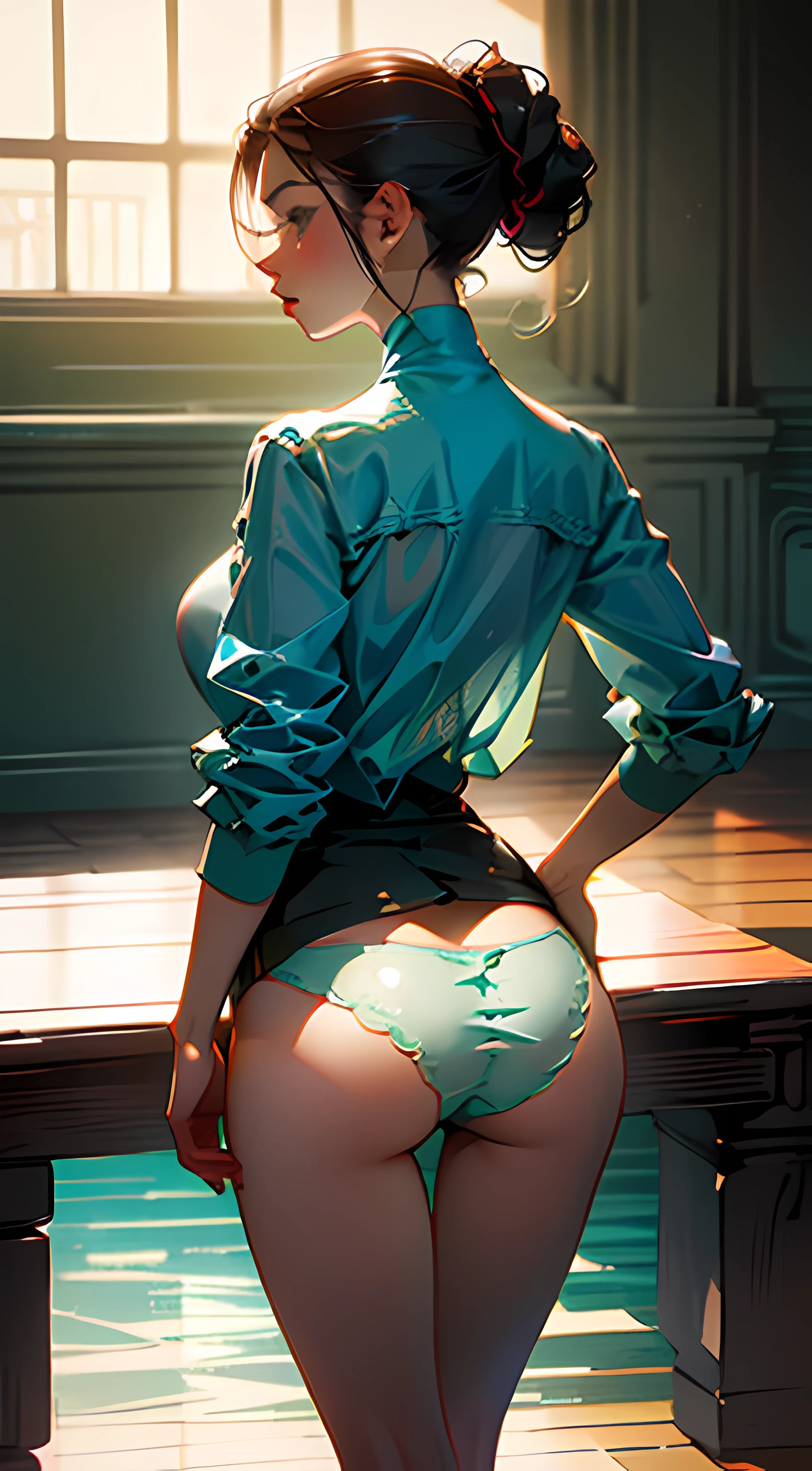 Girl, girl , hair tie, girl on her back, underwear, propped up on the table, thin leg, thin hip, wide waist, big ass, perfect ass, extremely detailed ass, prancing ass, sexy ass.
