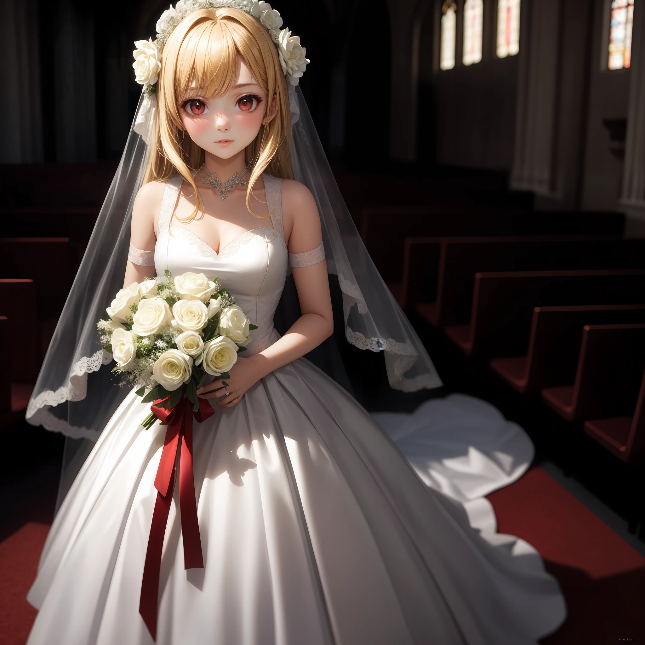 blonde, red eyes, girl, alone, solo, 1girl, wedding dress, bouquet, chapel