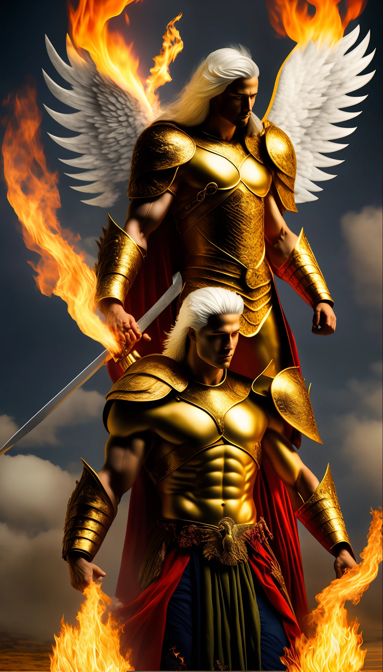Archangel Michael, Male Body.l, Strong, Clothed in Heavenly gold armor, wrapped in clouds and fire, Warrior man, pulled into the medieval, powerful and imposing being, white hair, six wings, body of fire and ember, Mighty God, with sword of fire in hand, image with shadows, high resolution, realistic and surreal image,