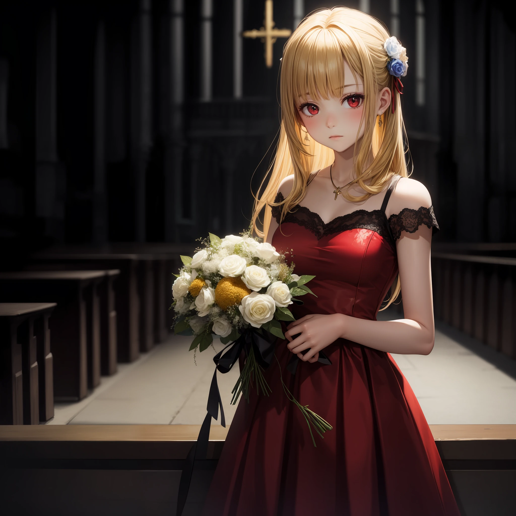 blonde, red eyes, girl, alone, solo, 1girl, red dress, bouquet, chapel