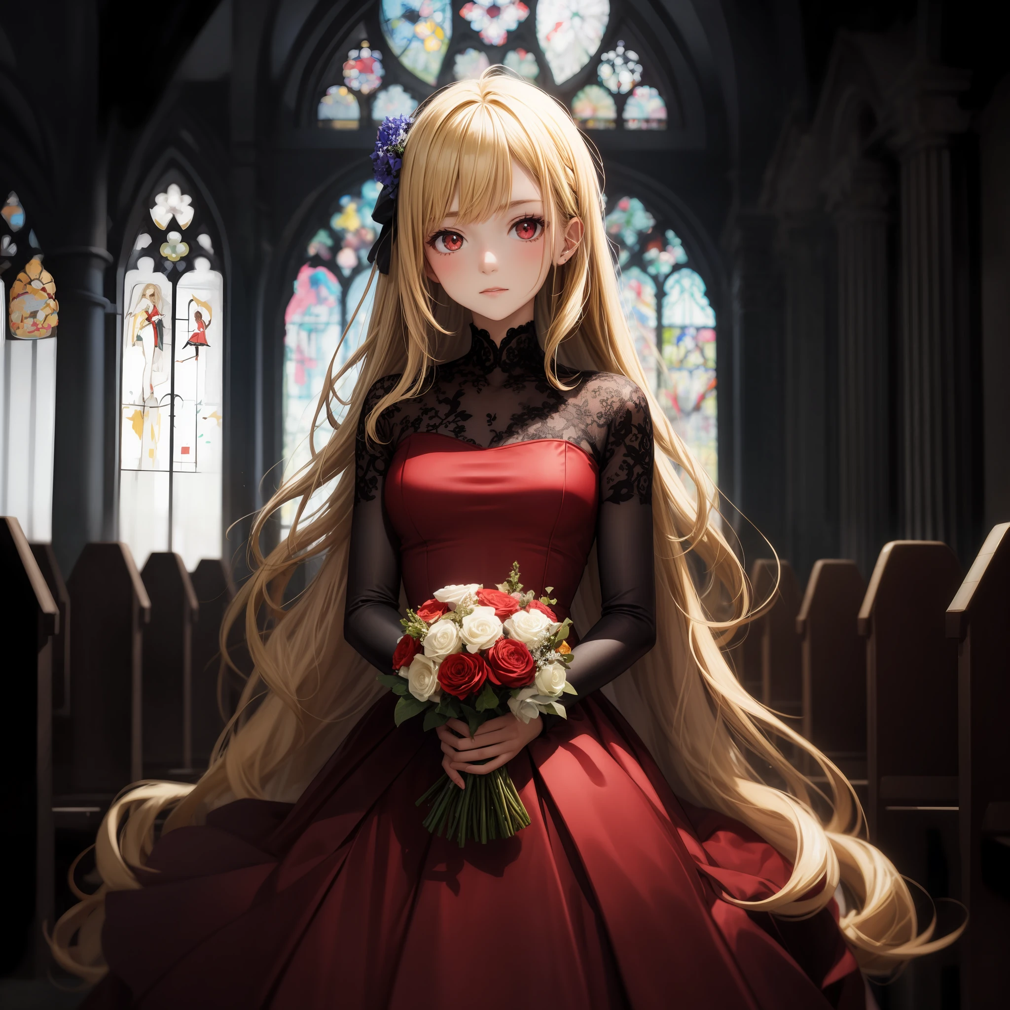 blonde, red eyes, girl, alone, solo, 1girl, red dress, bouquet, chapel