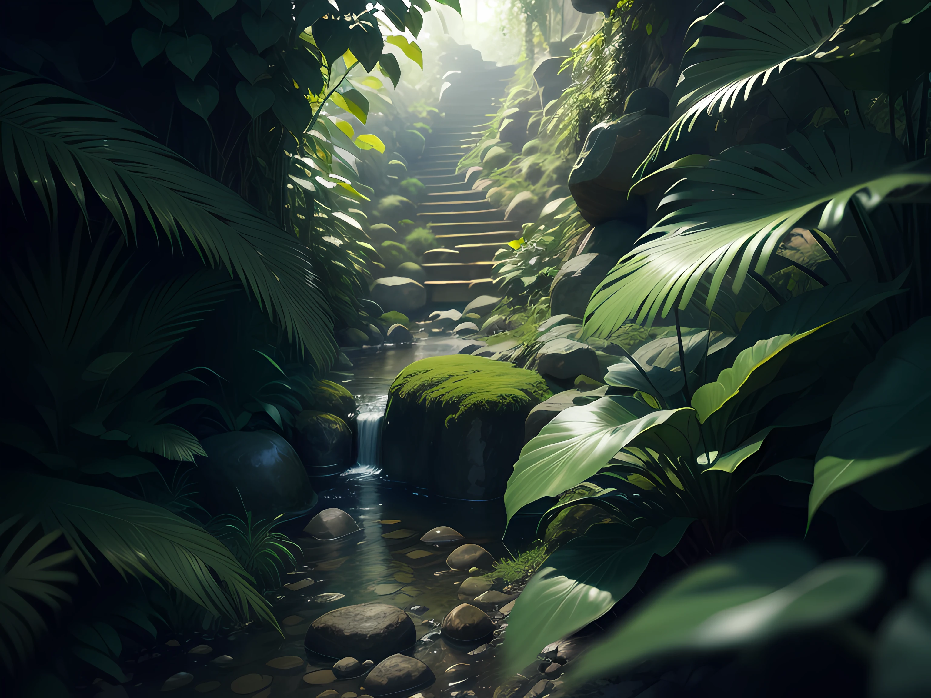 /imagine prompt: outdoor outdoor jungle trekking browsing local handicrafts low angle dramatic lighting desaturated colors shallow 4K