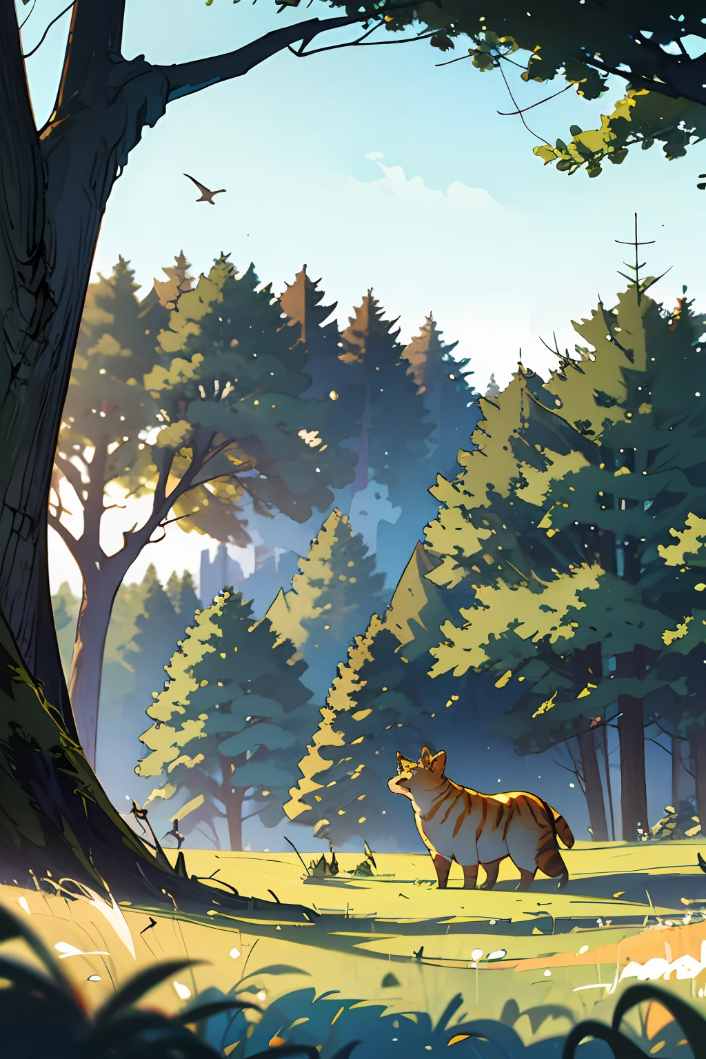 (best quality, masterpiece: 1.3), animals, playing, forest, side view