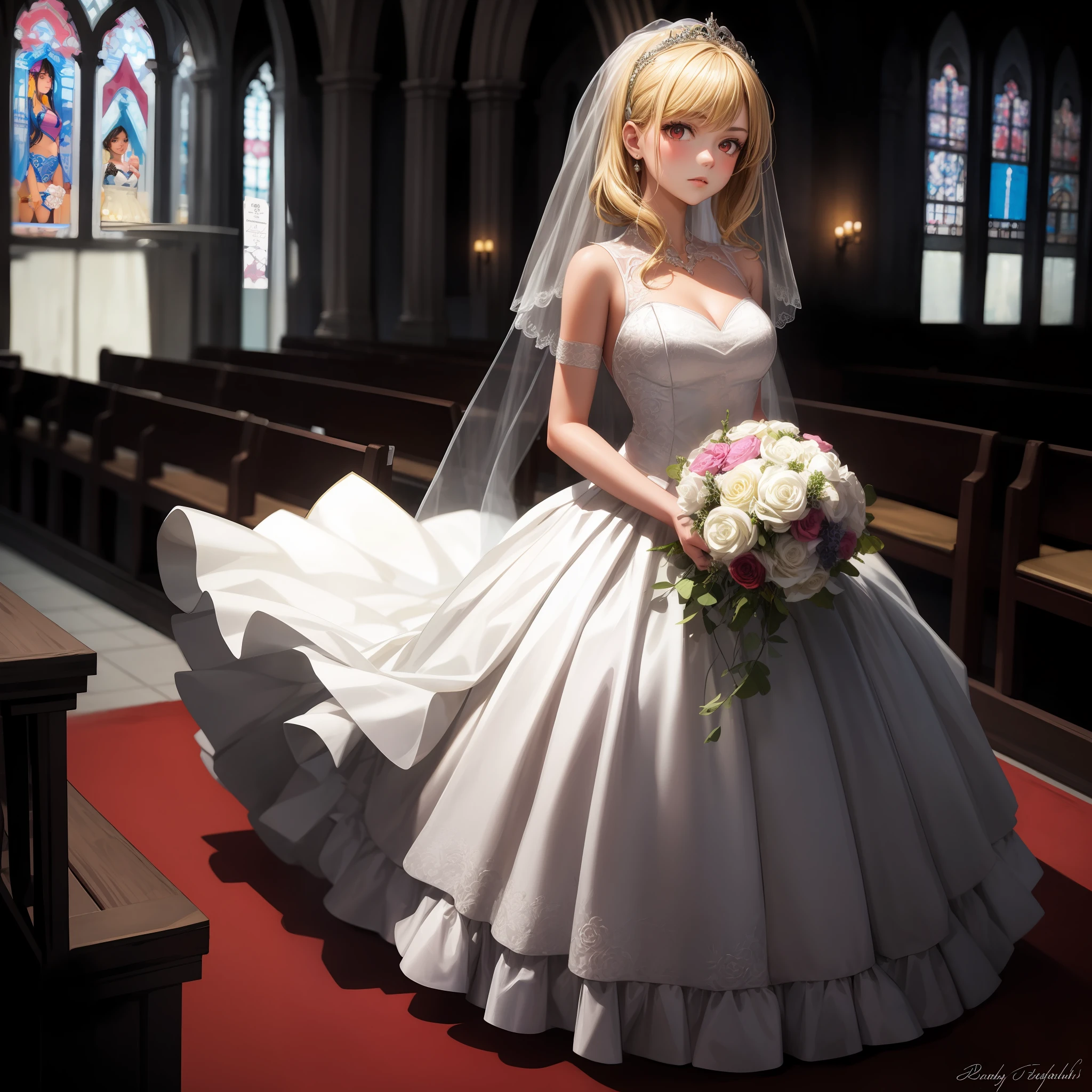 blonde, red eyes, girl, alone, solo, 1girl, wedding dress, bouquet, chapel