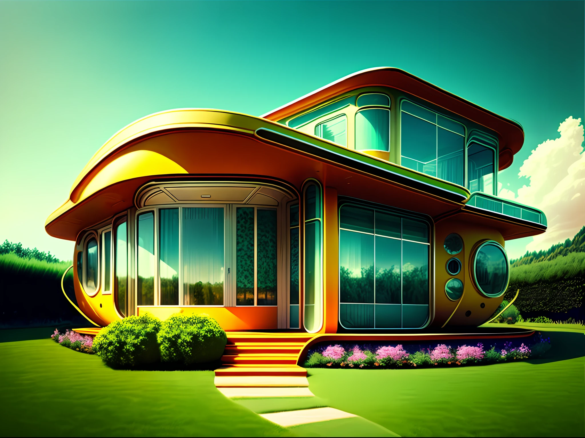 no human, retrofuturism style, house, garden, pool