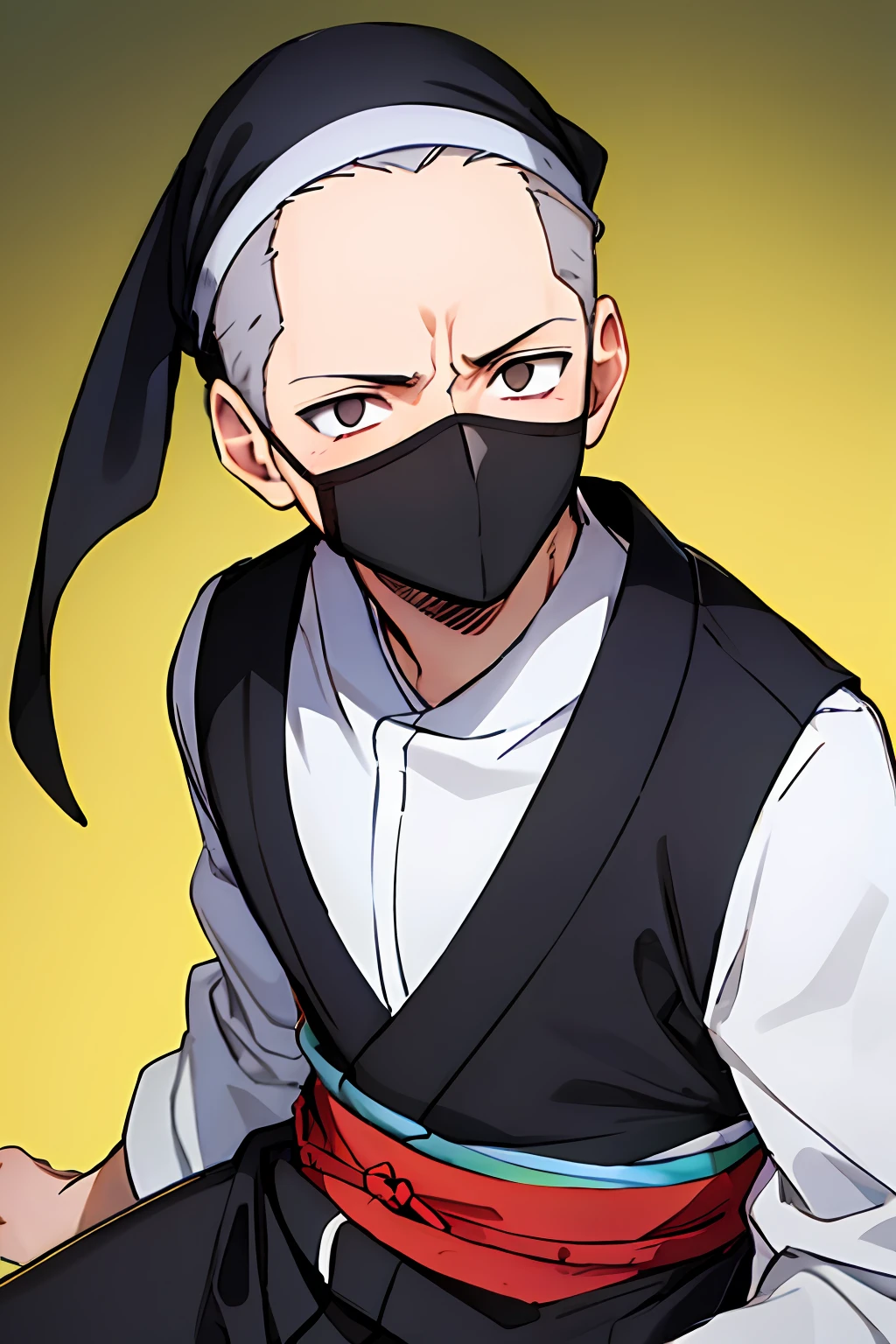 1boy, male focus, white eyes, solo, forehead protector, pale skin, looking at viewer, bandana, ninja, black kimono, closed mouth