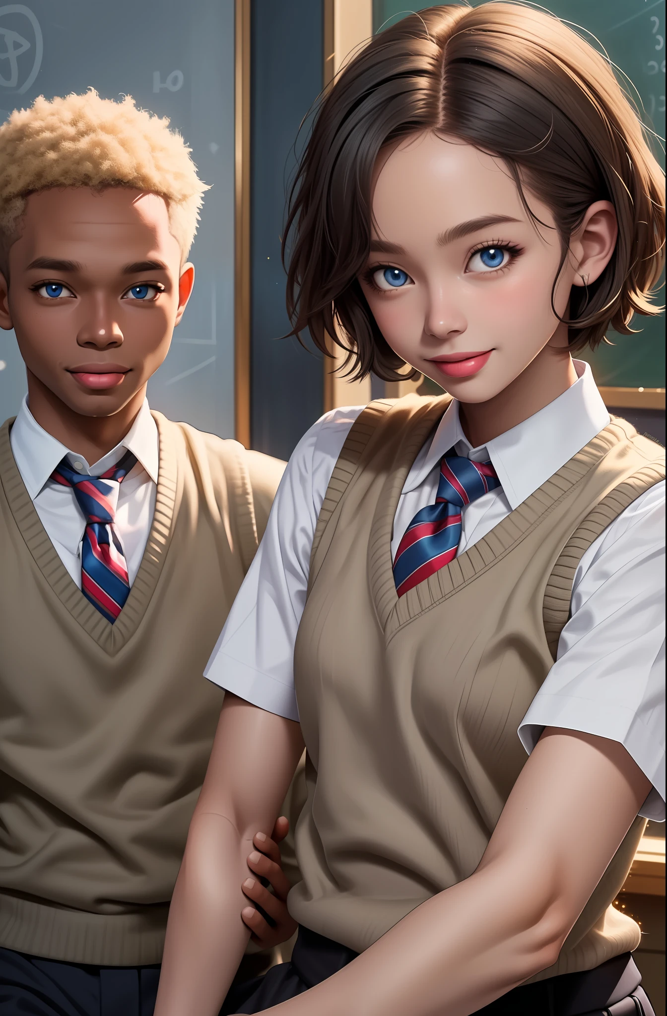 professional photo of angolmois, 3boy , solo, looking at the viewer, dark skin, shrewd smile, tongue out, beige pants, school uniform, tie, sweater vest, detailed skin, dark eyes, detailed face, sparkling blue eyes, volumetric light, highrez, masterpiece, best quality,