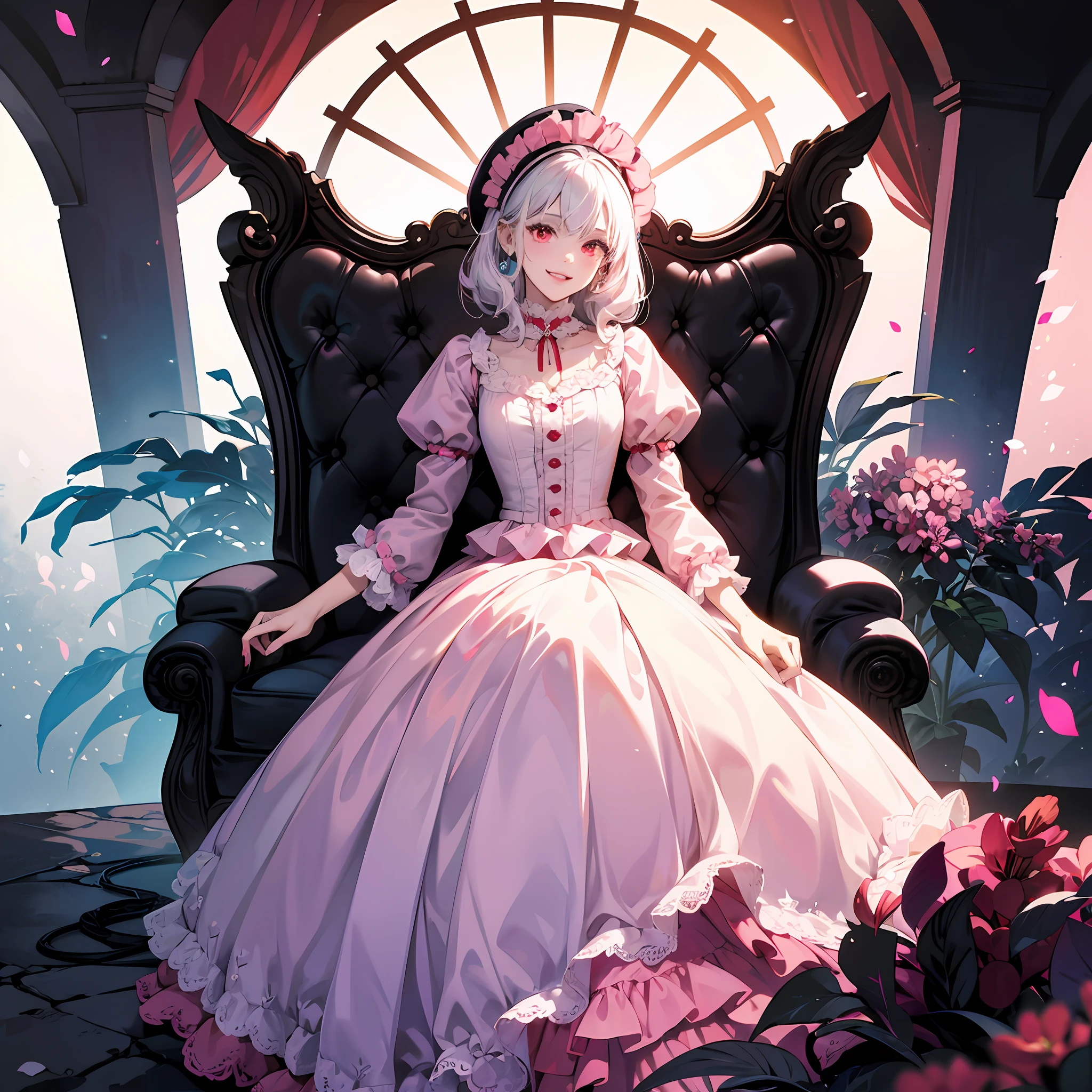 pink color, pink theme, cute pastel colors, ((color palette: white, soft pink, babyblue, lilac)), Fullbody portrait of a captivating white-haired albino vampire girl with glowing red eyes and big fangs on her smile. She is adorned in a pink colored victorian capes with a hood and lace, standing in a pretty and sparkly pastel castle mansion surrounded by cute (pink pillows) and (black furniture). Her lips are painted red and there is a hint of blood and mystery in the air. The view is from the bottom, with dramatic lighting emphasizing the dark and mysterious atmosphere, but with a cute and adorable undertone, creepy cute, dust particles, cinematic, poster, hd, 8k wallpaper, intricate, ultra-detailed, best shading, dynamic, crazy, --auto