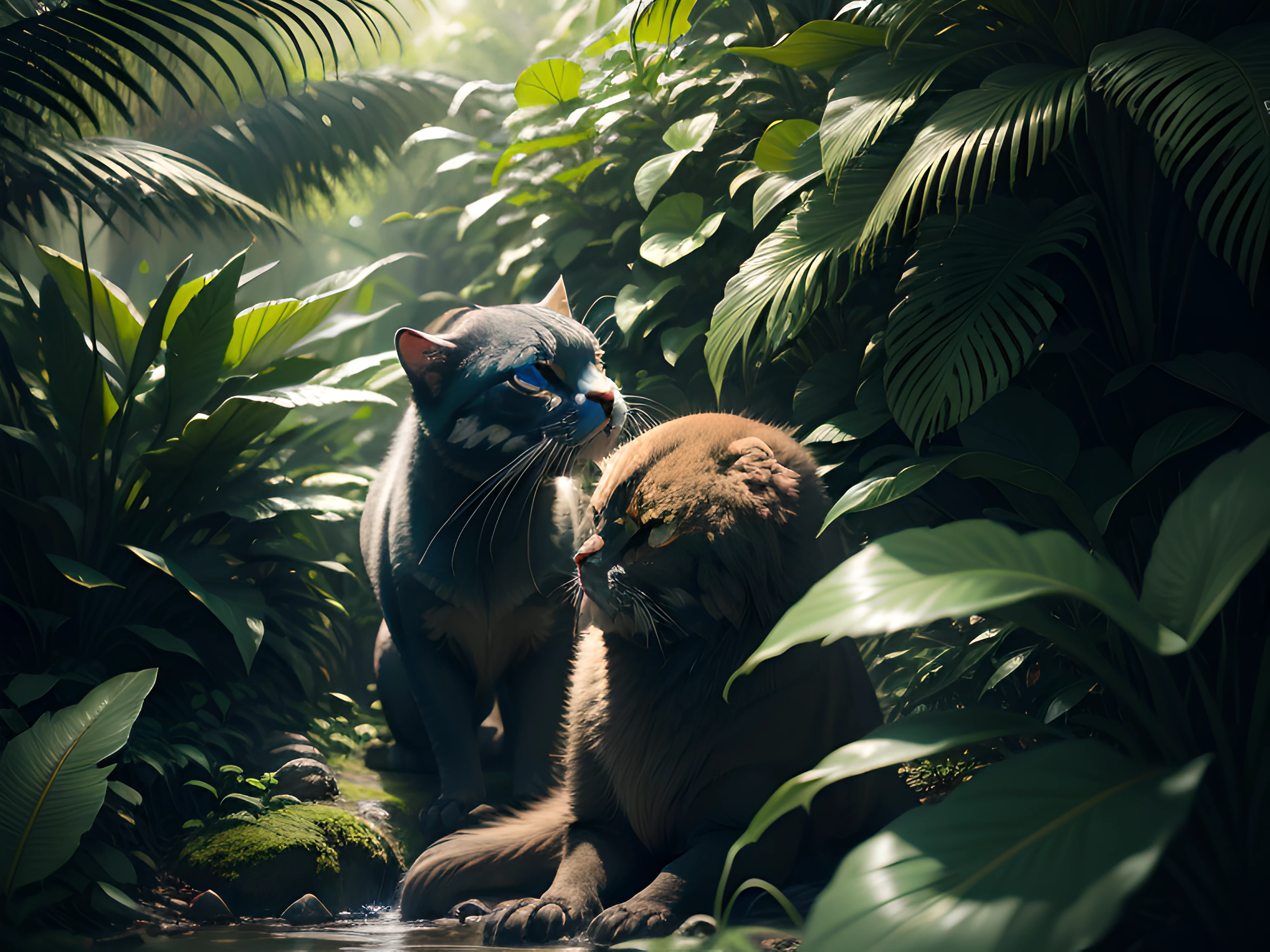 /imagine prompt: outdoor outdoor jungle trekking browsing local handicrafts low angle dramatic lighting desaturated colors shallow 4K