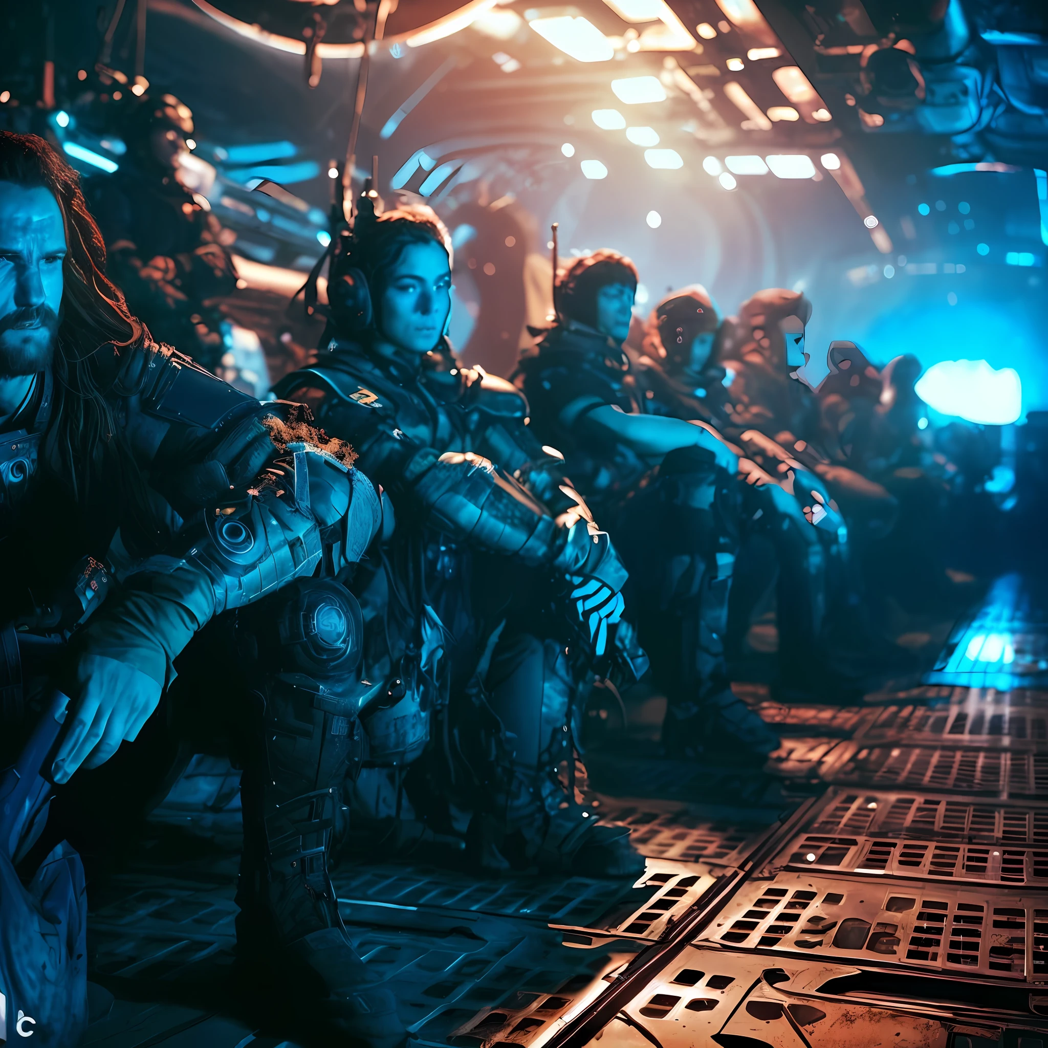 a group of people sitting on a spaceship with lights on, still from a ridley scott movie, epic scifi movie still, # film, cinematic scifi shot, an epic scifi movie still, resting after a hard mission, movie still 8 k, 8 k movie still, sci-fi cinematic movie still, cinematic cgsociety, detailed cinematic photography, cinematic shot!, great cinematic lighting