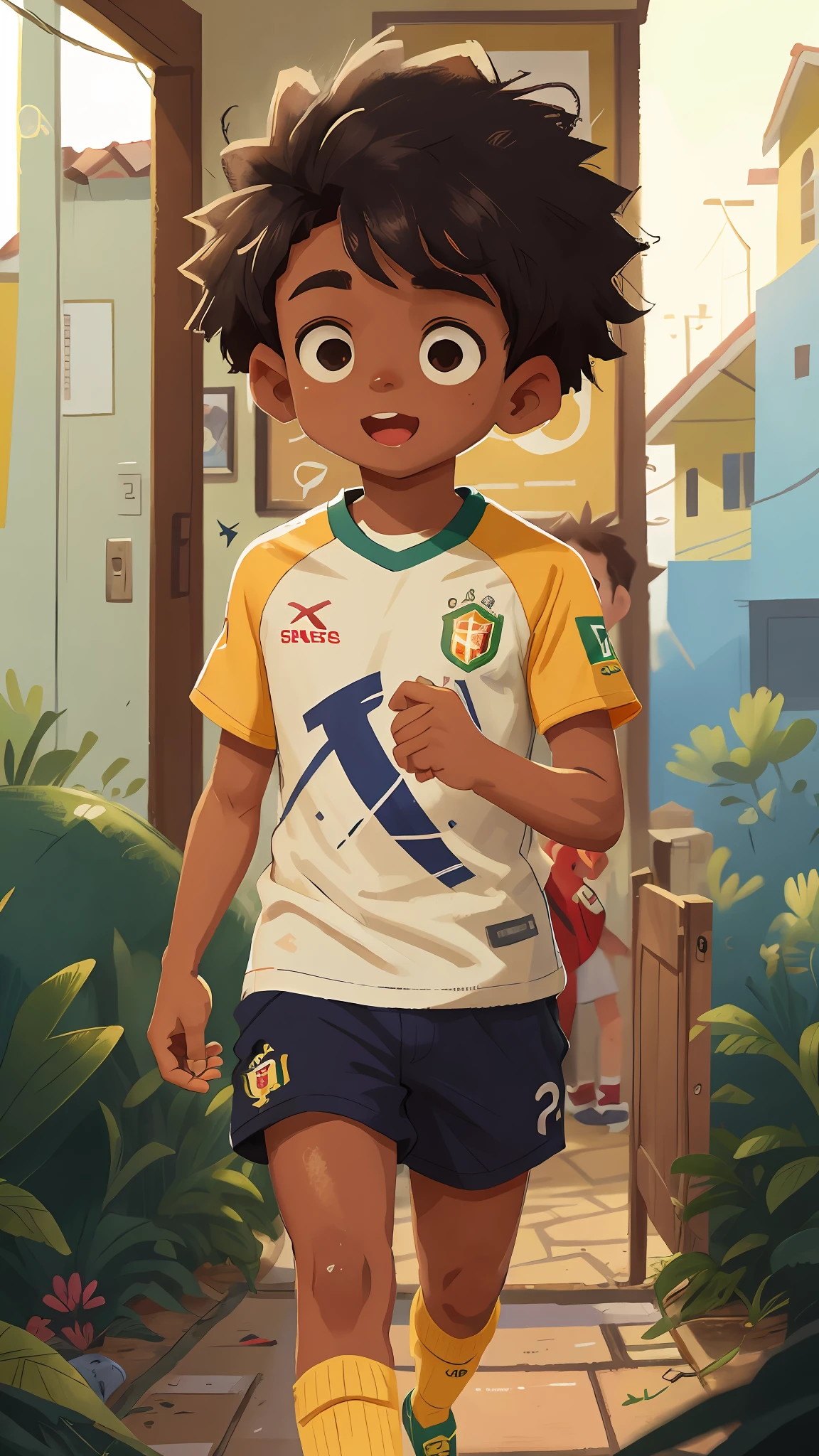 Black boy, , shaved hair, wearing a shirt of the Brazilian soccer team, leaving school, cleas (disorder - house: 0.8), (masterpiece: 1.2) (Realistic: 1.2) (Bokeh) (Best quality) (Detailed Skin: 1.3) (Intricate Details) (8K) (Detail Eyes) (Sharp Focus), (Happy)