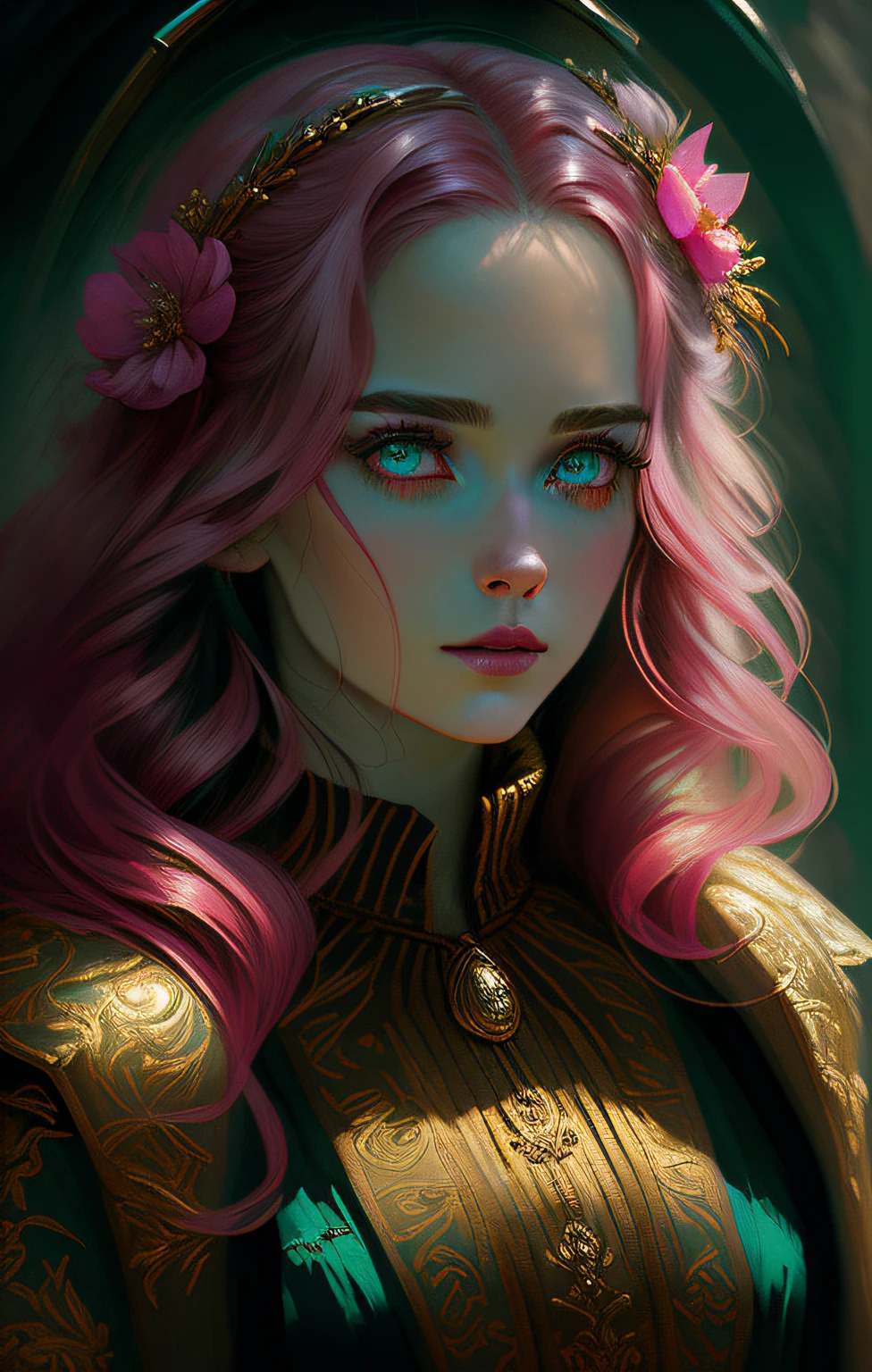 ((Masterpiece, highest quality)), ((Cinematic Light)), Fantastic, Wisdom, Devil, Mix, Horror, Dark Fantasy, Detailed Armor, (Insanely Detailed, Flower), Detailed Long Boots, Beautiful Detailed Eyes, Pink Hair, Long Hair, ((Floating Hair)), Navel, Long Cape, Otherworldly, Luxurious Gold Decoration, Throne Room, Sitting on the Throne, Large and Luxurious Throne
