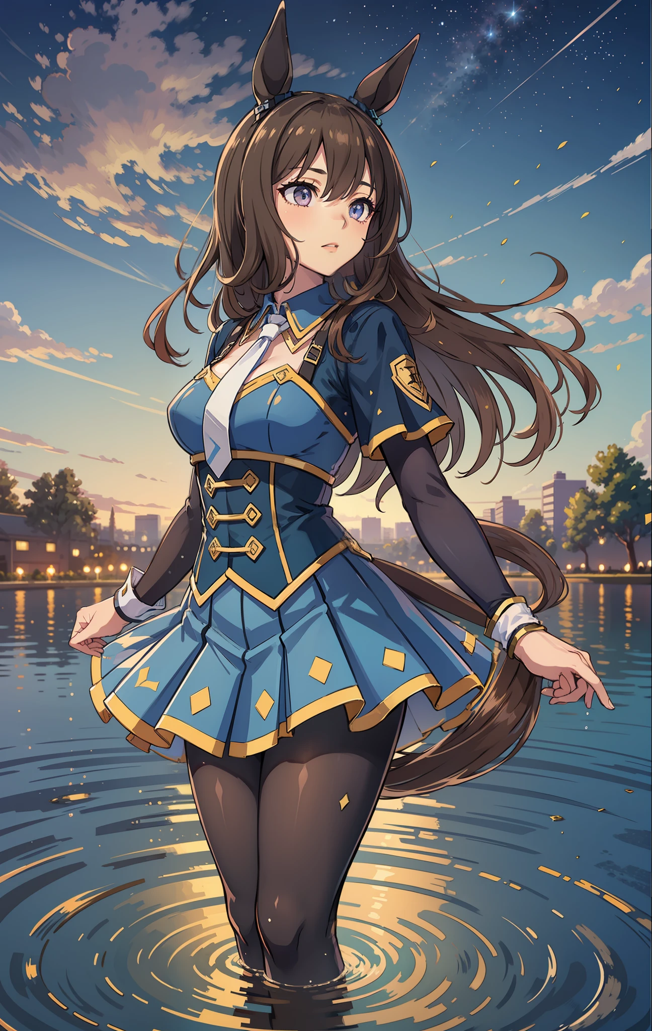 (Masterpiece: 1.2, highest quality), (Beautiful eyes of detail: 1.2), (Highly detailed CG Unity 8k wallpaper, masterpiece, highest quality, super detail, best shadows), (Detailed background), (Beautiful detailed face, beautiful detailed eyes), high contrast, (best lighting, very delicate and beautiful), 1girl, ((Splashing of colorful paint, dulux,, on transparent background)), dynamic angle, Beautiful detailed shine, full body, cowboy shot, admaiya vega (game uniform), umamusume, horse ears, brown horse tail, (((horse tail ))), brown hair, long hair, lilac eyes, beautiful eyes, blue clothes, blue short skirt, beautiful standing figure, dignified figure, profile, face to the sky, gaze at the sky, pay attention to the sky, look to the side, (( (Sideways))), praying figure, (pray ), ((praying figure)), both hands chest, holding hands, background night sky, ((background night)), moonlight, starry sky, black, lake, on water, on the surface of the water, standing on the surface of the water, standing on the water, ripples at the feet, ripples,