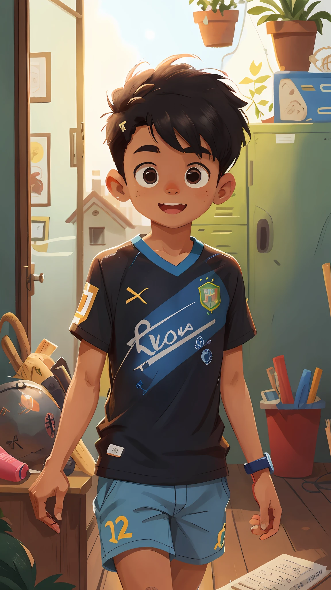 Black boy, 17 years old, shaved hair, wearing a shirt of the Brazilian soccer team, leaving school, clear focus (disorder - house: 0.8), (masterpiece: 1.2) (Realistic: 1.2) (Bokeh) (Best quality) (Detailed Skin: 1.3) (Intricate Details) (8K) (Detail Eyes) (Sharp Focus), (Happy)