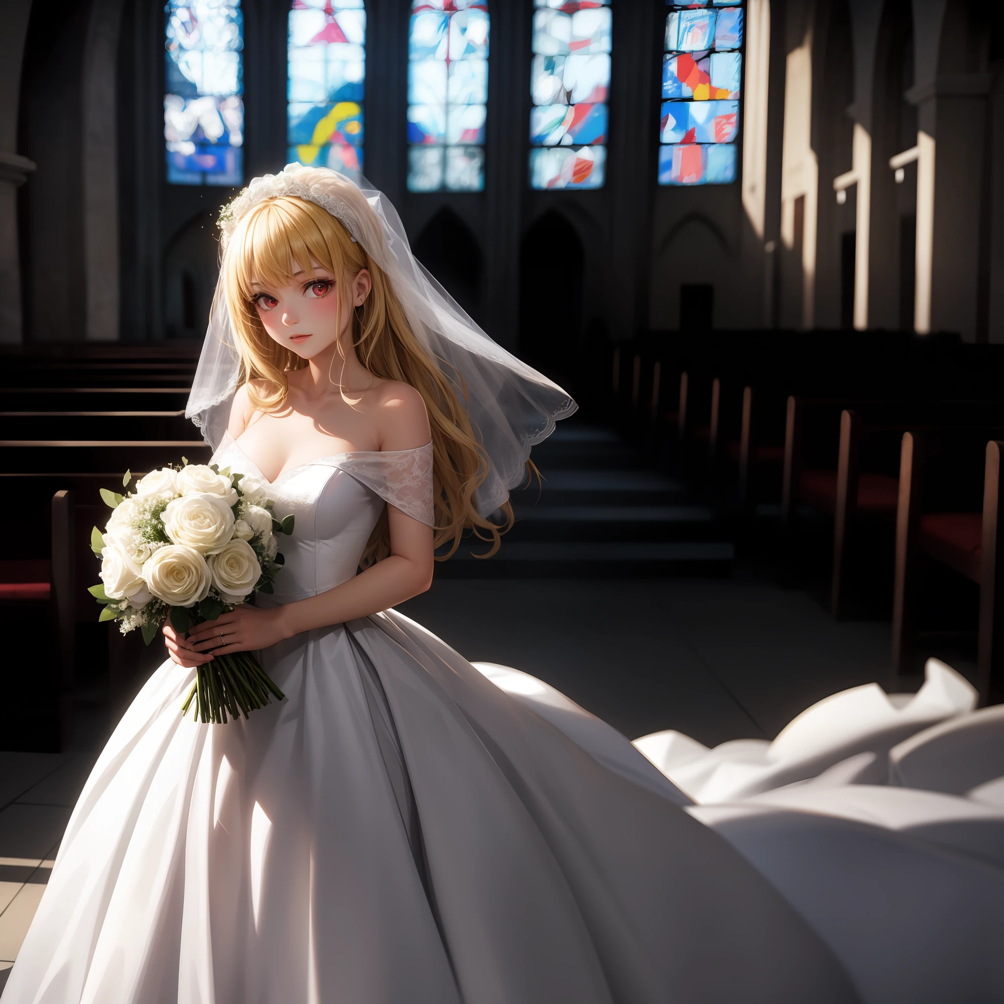 blonde, red eyes, girl, alone, solo, 1girl, white wedding dress, off-the-shoulder, chapel, bouquet