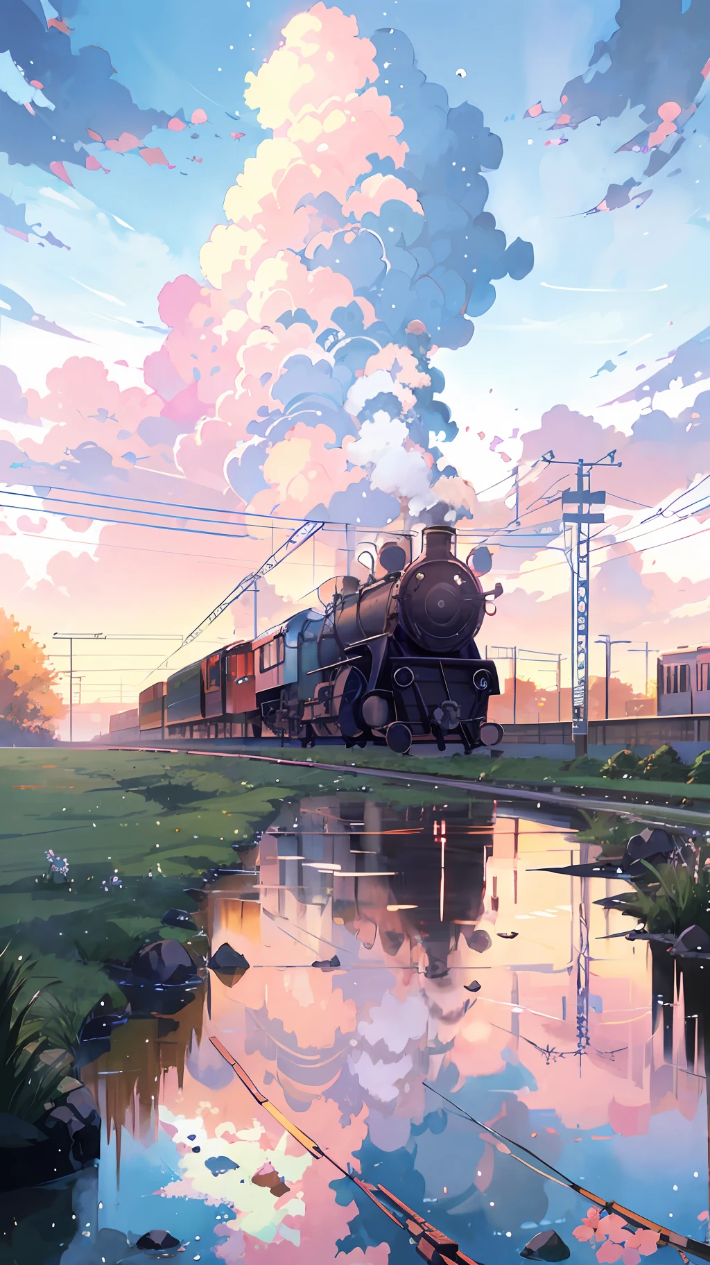 Anime train on tracks through body of water, image by Makoto Shinkai, pixiv, concept art, lofi art style, reflection. Enhanced detail, perfect picture quality. by makoto shinkai, lofi art, beautiful anime scenes, anime scenery, detailed scenery—width 672, in style of makoto shinkai, style of makoto shinkai
