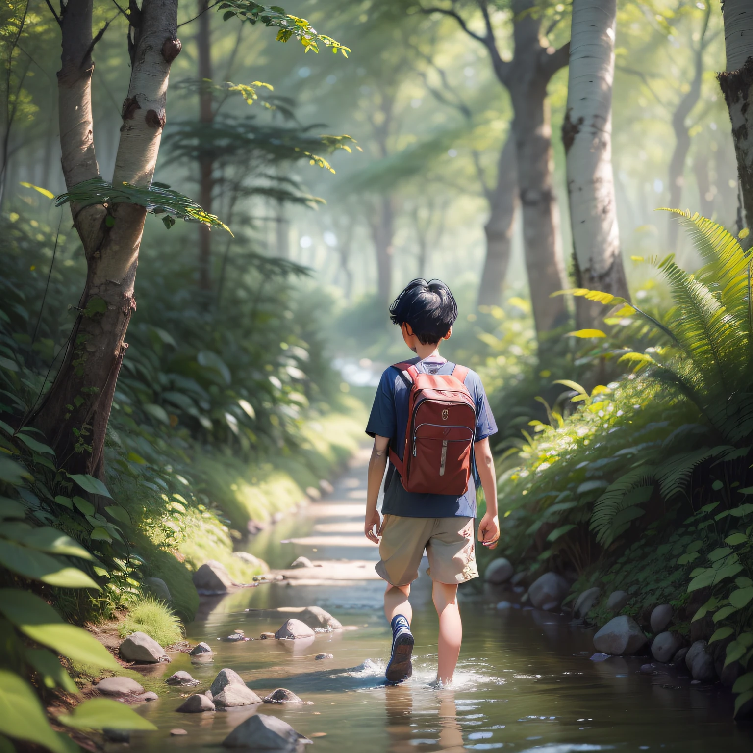 children's drawing, 17 year old boy black hair, blue shirt, walking along a trail in the forest, in front of him a crystal clear river, detail-oriented