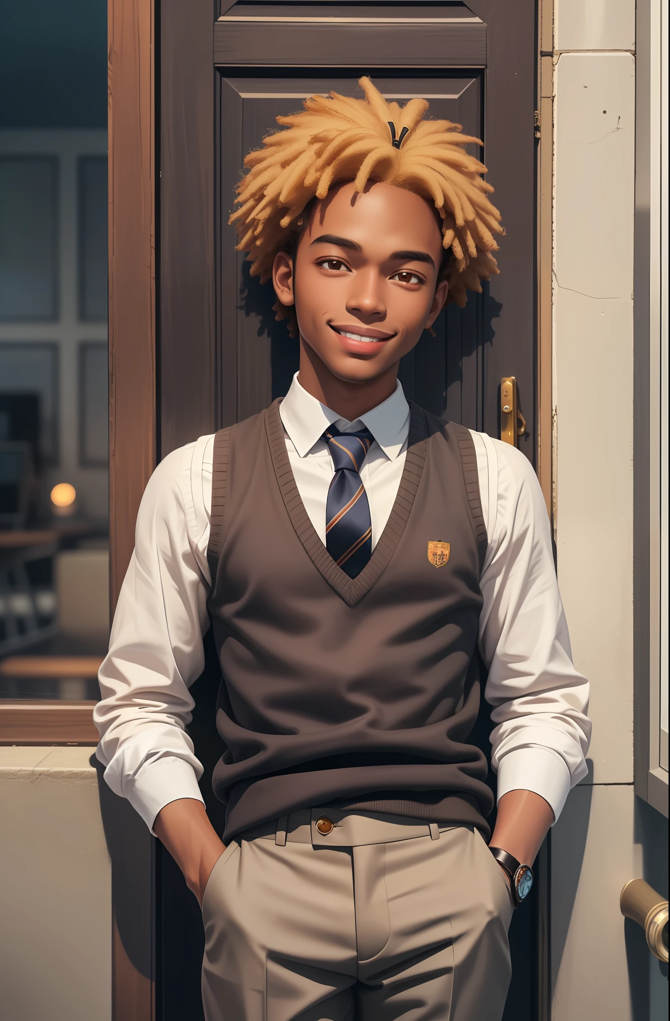 professional photo of angolmois, 2boy , afro-caribbean, looking at the viewer, shrewd smile, beige pants, school uniform, tie, sweater vest, brown skin, detailed skin, detailed eyes, detailed face, shimmering black eyes, volumetric light, highrez, masterpiece, best quality,