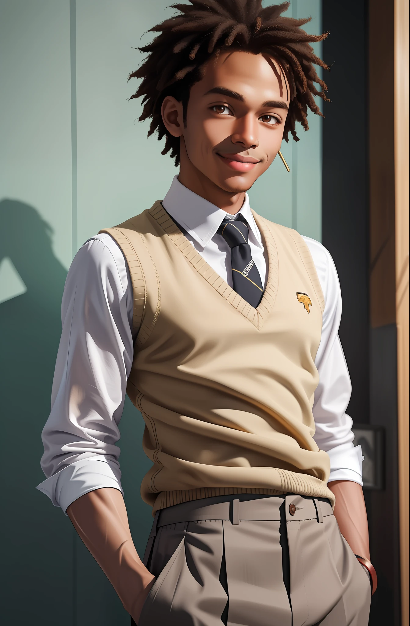 professional photo of angolmois, 2boy , afro-caribbean, looking at the viewer, shrewd smile, beige pants, school uniform, tie, sweater vest, brown skin, detailed skin, detailed eyes, detailed face, shimmering black eyes, volumetric light, highrez, masterpiece, best quality,