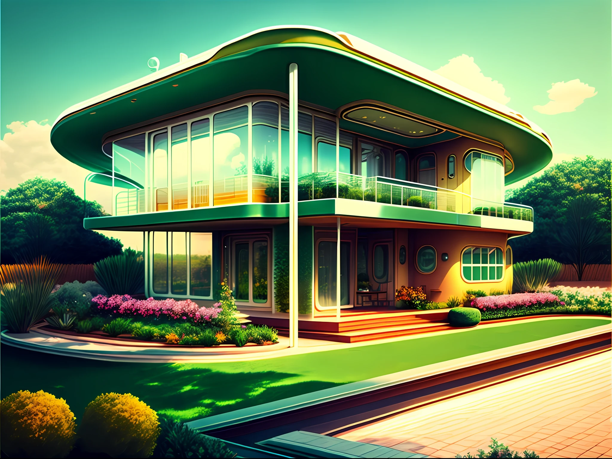 no human, retrofuturism style, house, garden, pool