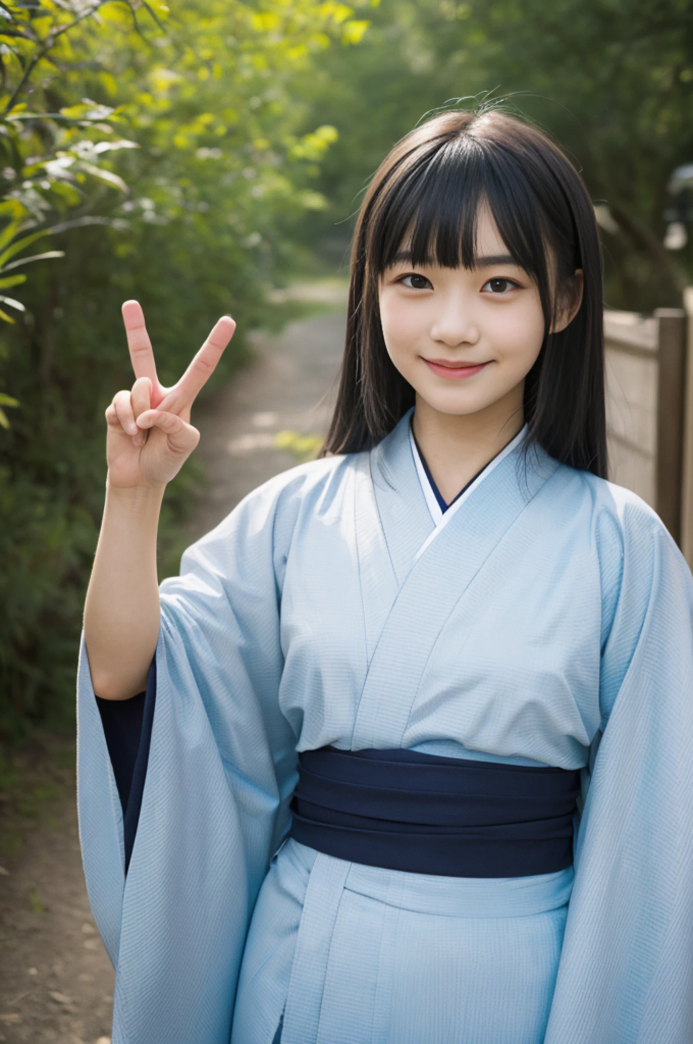 ((Best Quality, 8K, Masterpiece: 1.3)), (Peace Sign: 1.3) (Sharp Focus, Hasselblad Photography), (Slender Abs Beauty: 1.0), (Shiny Skin: 1.0), Realistic Photography, Black Hair, Realistic Pupils, Video Lighting, High Definition Eyes and Face, Video Lighting, (Cowboy Shot: 1.3), (Pattern, Kimono, Hakama, Obi: 1.4), (Japan 12 years old cute actress) , (round face: 1.2), bangs, in nature, traditional kimono, smile, look at the audience, from the front,