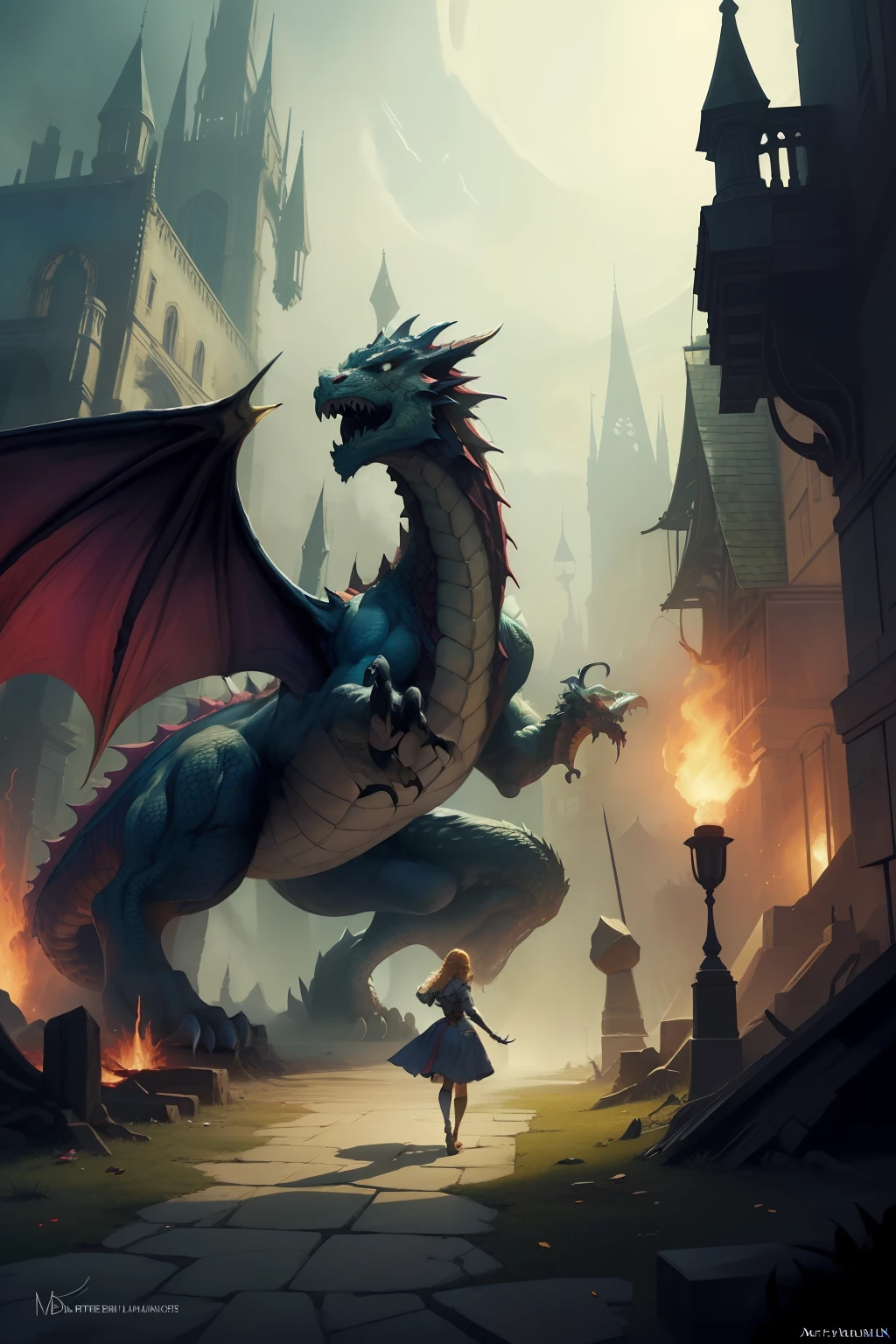 masterpiece, best quality,( 1girl:1.3),(entoptic patterns,multi-dimensional,multicolored),The Dragon's Lair: A deadly place where fearsome dragons dwell,by Ned Dameron,David S. LaForce,Arthur Rackham,Craig Mullins,Meredith Dillman