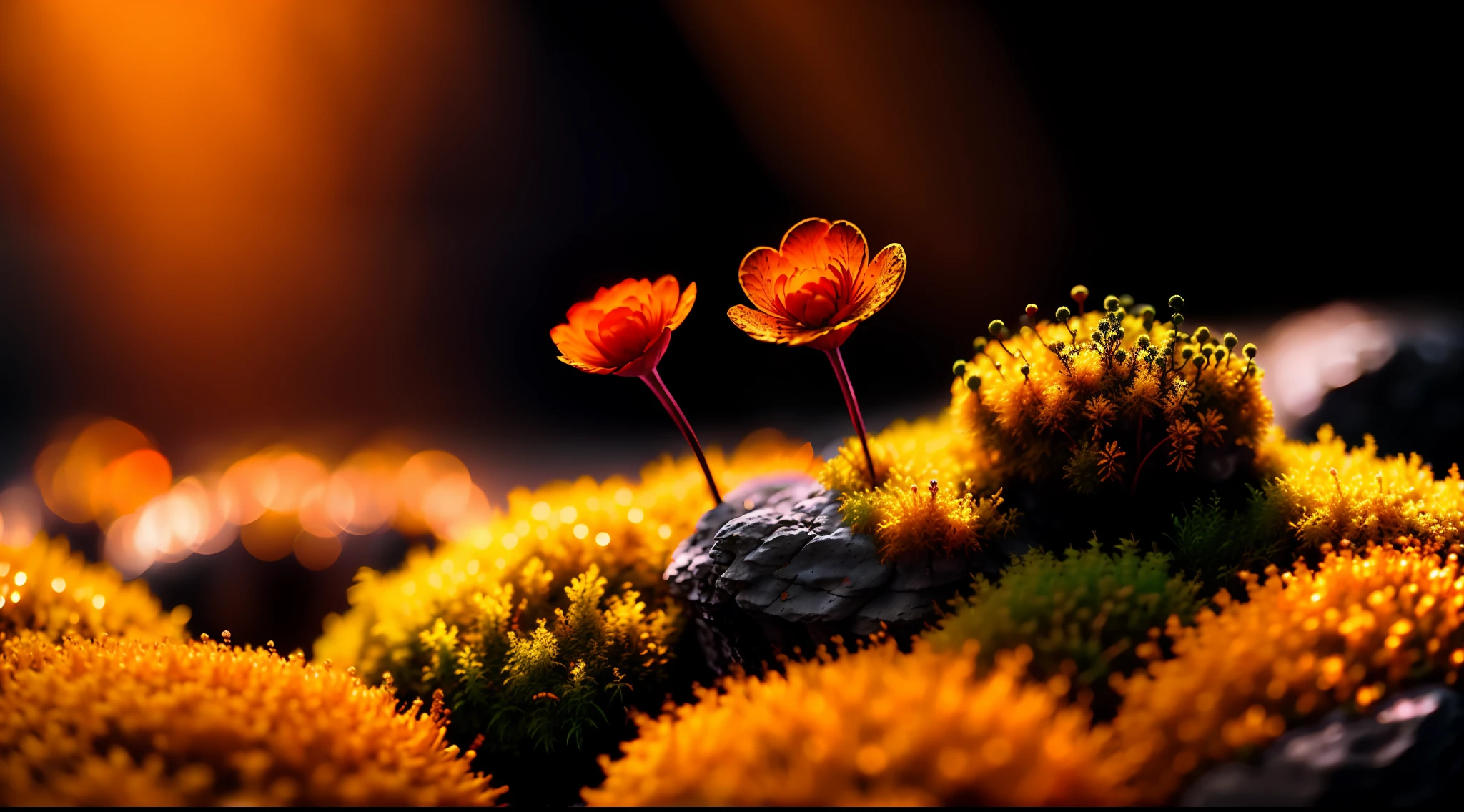 a small orange flower sitting on top of a moss covered rock, fade, slate gray, orange color lookup, (teal and orange:0.7), cinematic colors, vignette, lowkey, glowing, dark depth of field