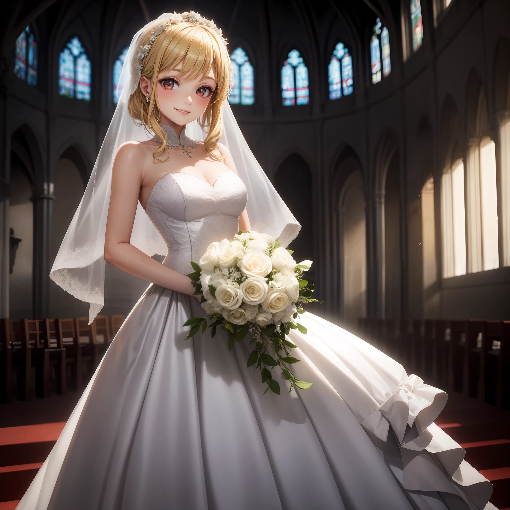 blonde, red eyes, girl, alone, solo, 1girl, wedding dress, chapel, bouquet, smile