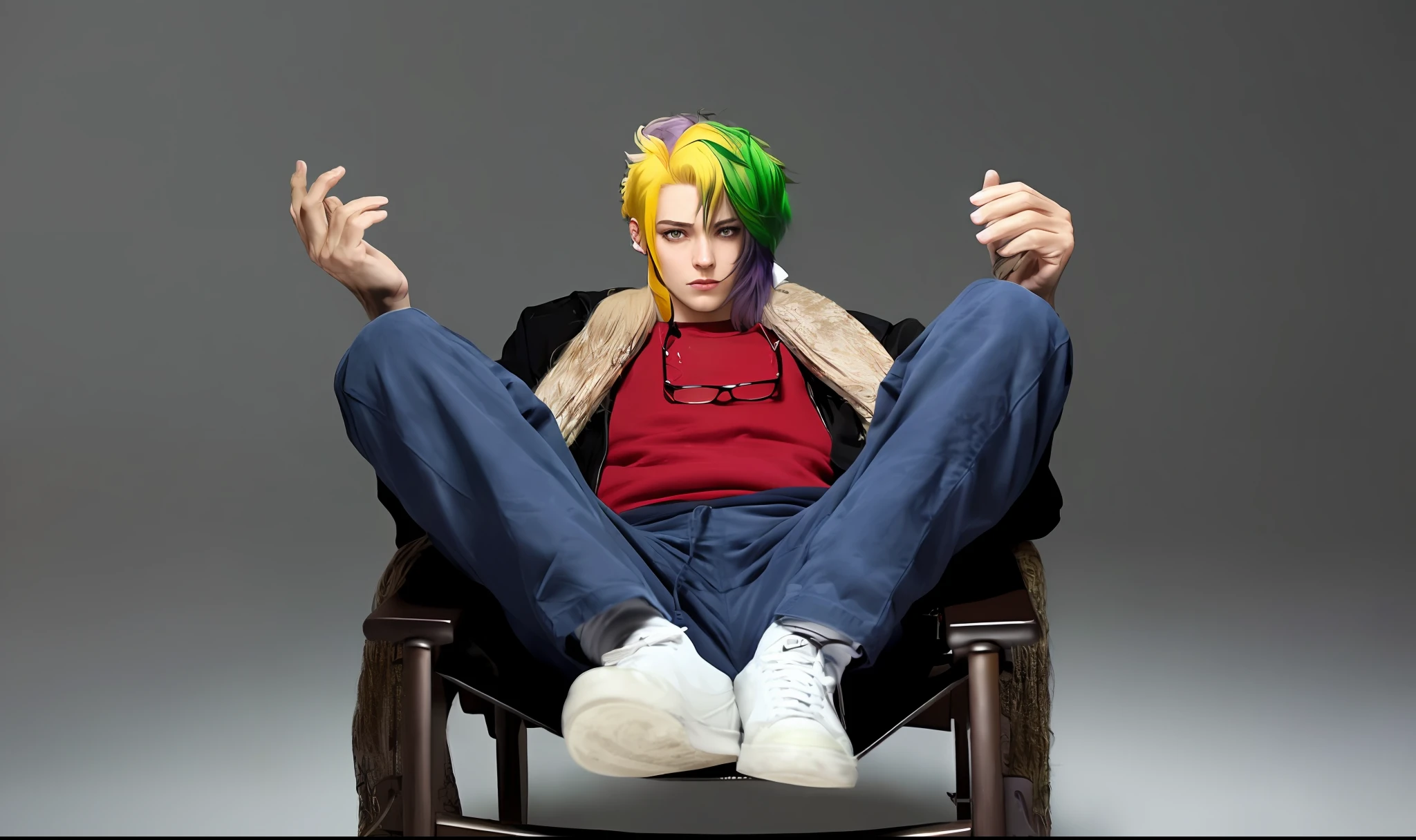 (((masterpiece))), best quality, extremely detailed, 8k CG with unified wallpaper, best illustration, floating, high resolution, dynamic angle, dynamic pose, (multicolor hair + silver hair:1.3 + red hair:1.2 + purple hair + yellow hair:1.3 + green hair:1.3), ,clouds, twilight, general plan,
