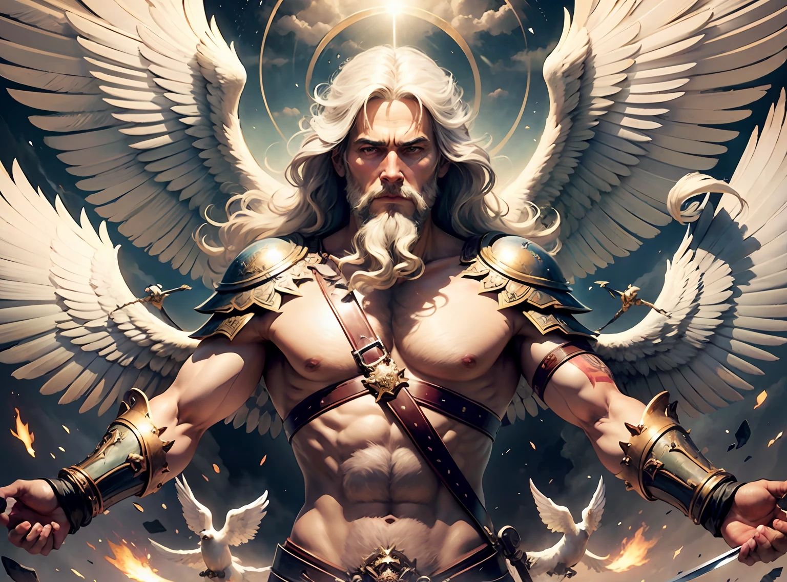 bra of art, (masterpiece), fantastic realism Jehovah with wings next to his heavenly angels flying together, all angels with swords and shields, features of warrior angels gathered with God with white beard and stern features --auto