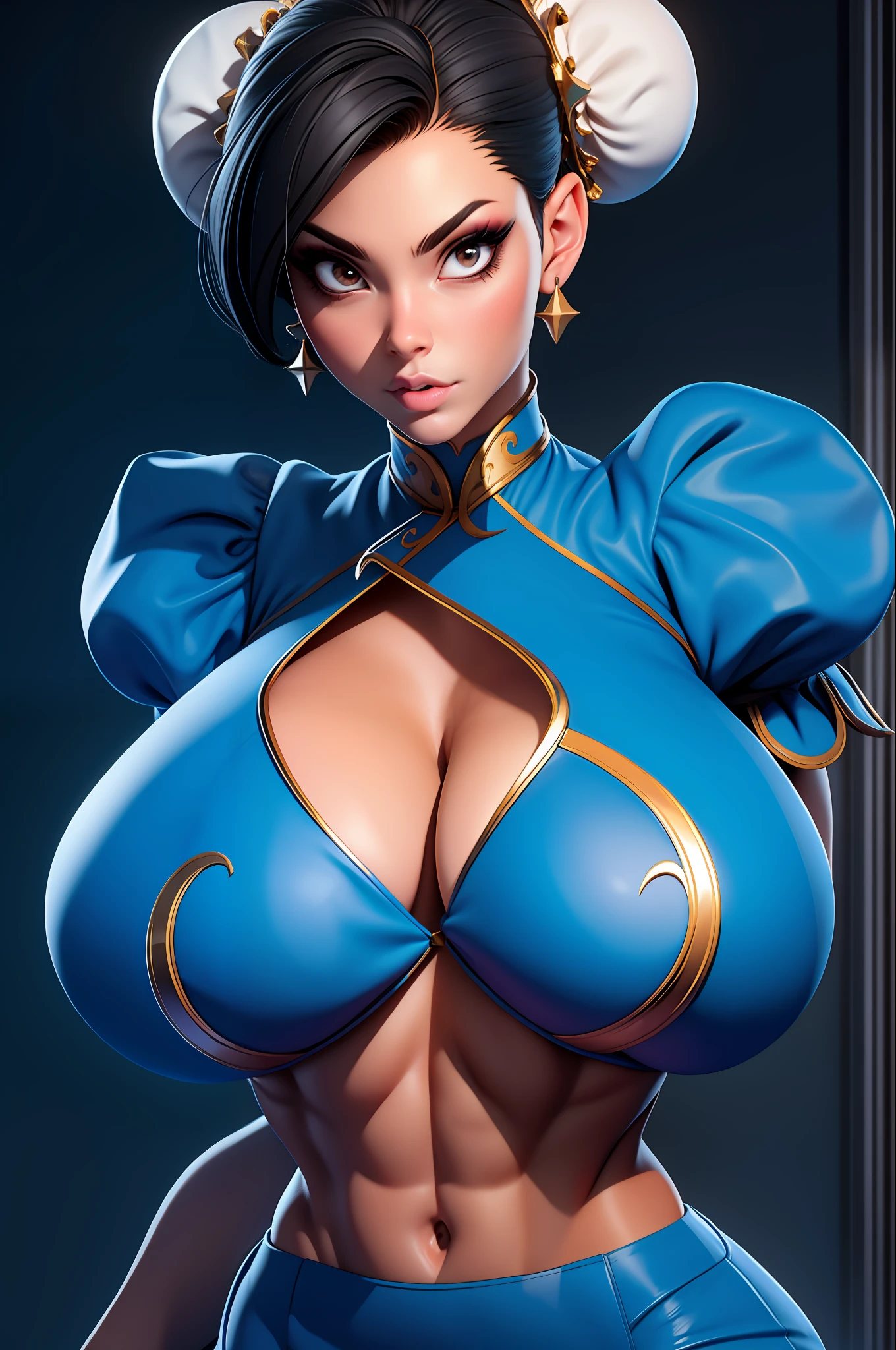 masterpiece, best quality,3d rending work ,3DMM style,close-up, 3D,1girl, solo, black hair, realistic, upper body, urban city background, parted lips, choker, makeup, (huge breasts:1.5) enormous droopy breasts, macromastia, cleavage, exposed stomach, toned abs, toned arms,  chun li, hair buns, blue clothes