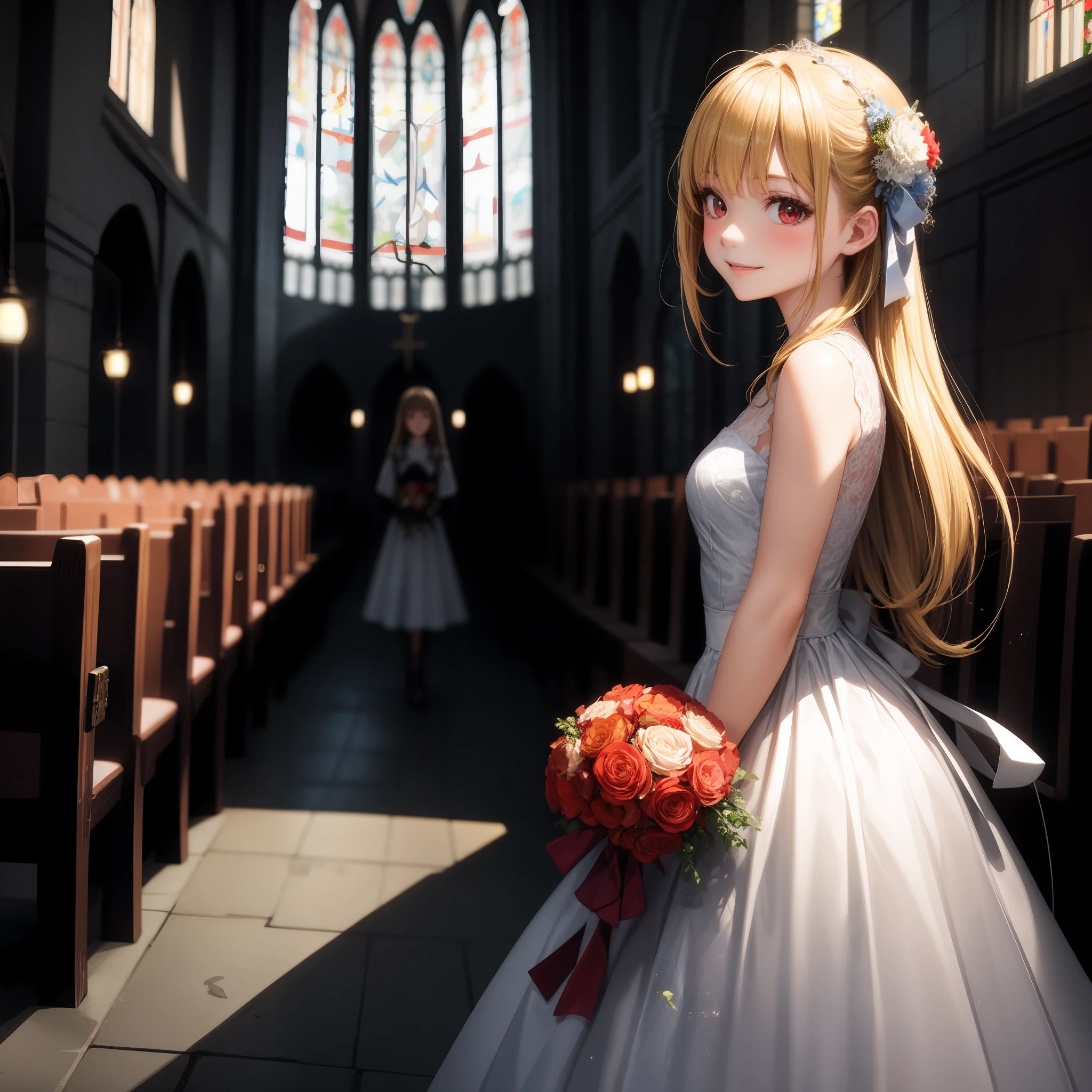 blonde, red eyes, girl, alone, solo, 1girl, color dress, chapel, bouquet, smile