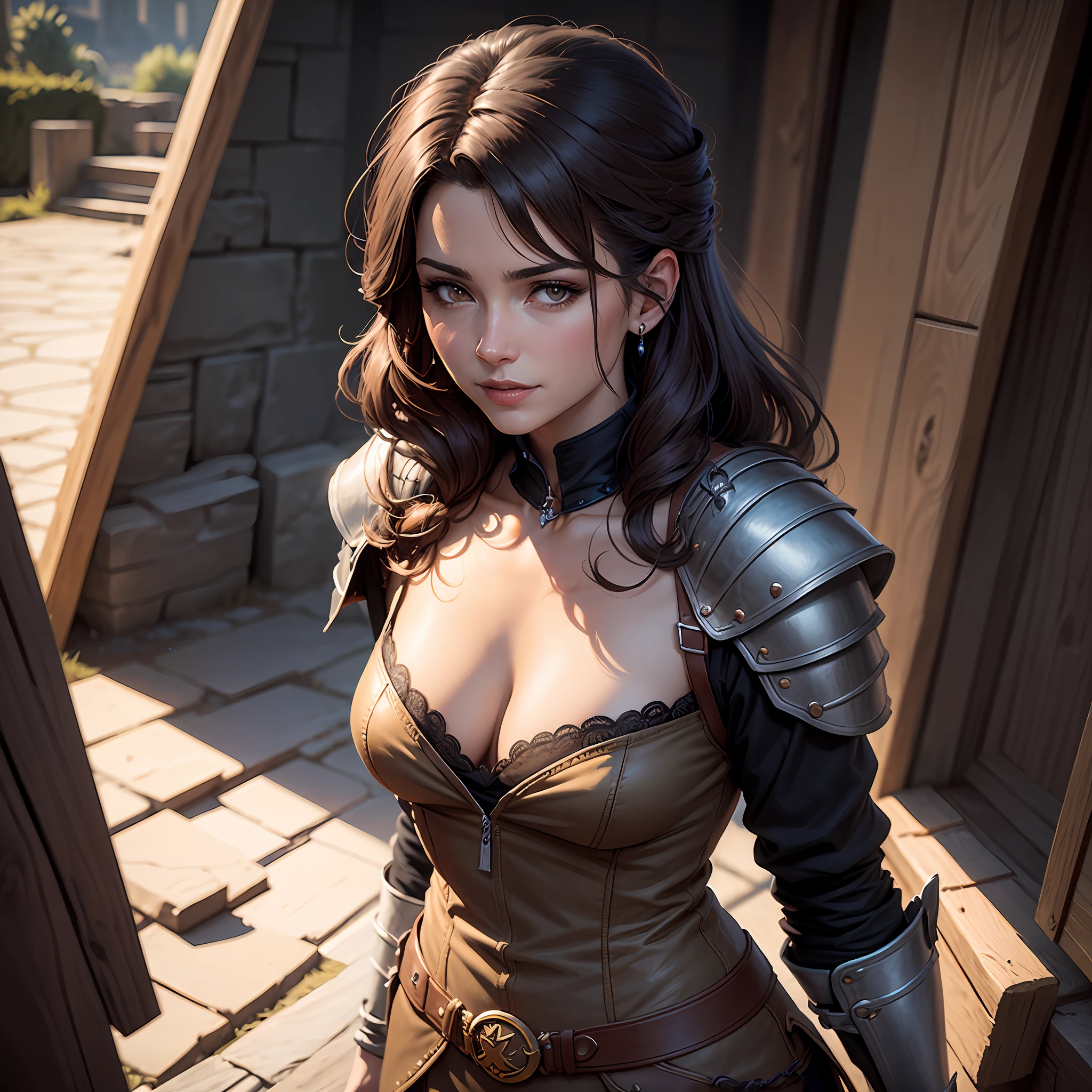 Detailed bird's eye view ((portrait of middle-aged woman of dnd knight)), happy, HD, (oil painting: 1.1), (comic art style: 1.5), (inked outline: 1.3), stunning, character, portrait, (landscape))), angular features, (dark brown braid hair), (muted natural color: 1.3) Thierry Doizon Painterly style, splash art by --auto
