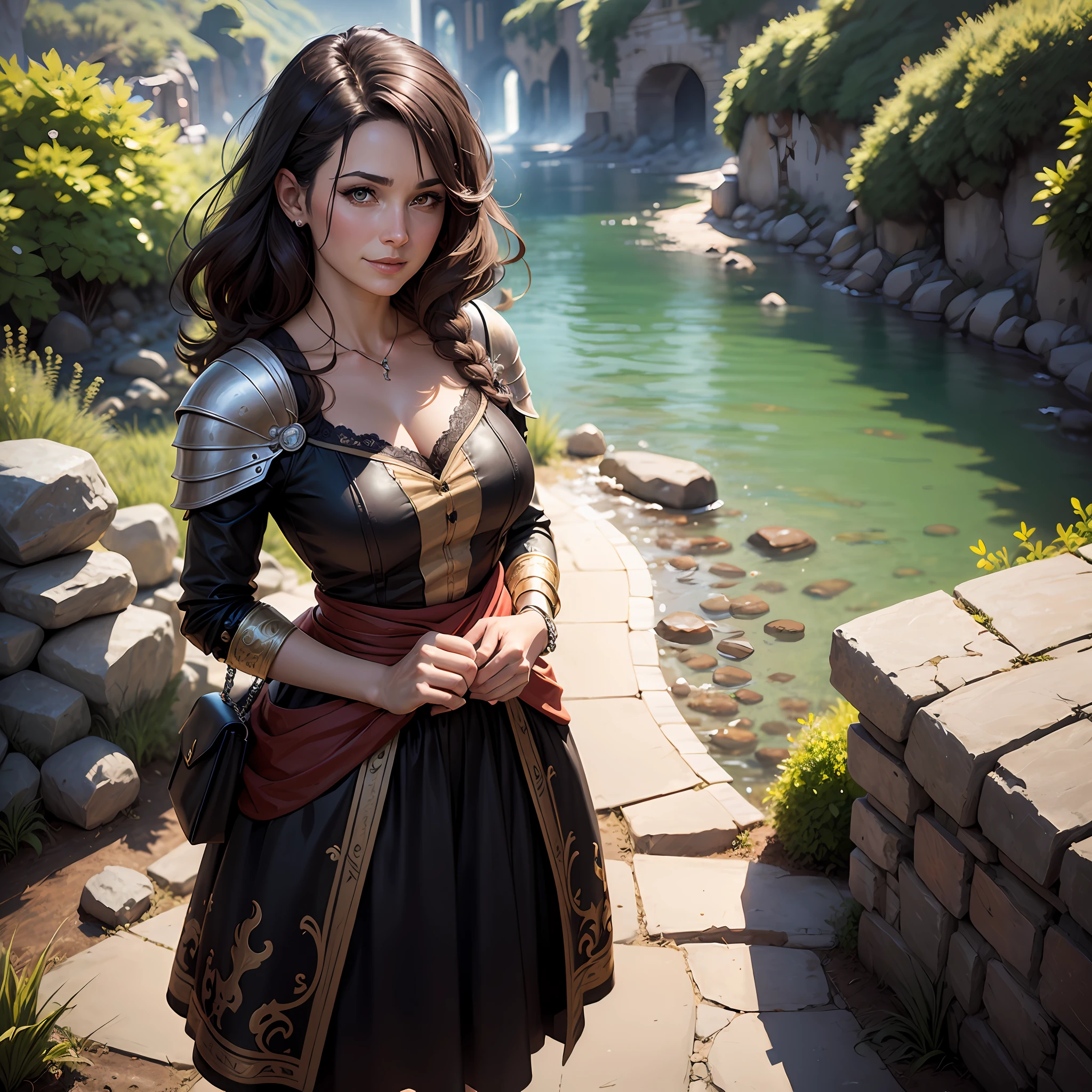 Detailed bird's eye view ((portrait of middle-aged woman of dnd knight)), happy, HD, (oil painting: 1.1), (comic art style: 1.5), (inked outline: 1.3), stunning, character, portrait, (landscape))), angular features, (dark brown braid hair), (muted natural color: 1.3) Thierry Doizon Painterly style, splash art by --auto