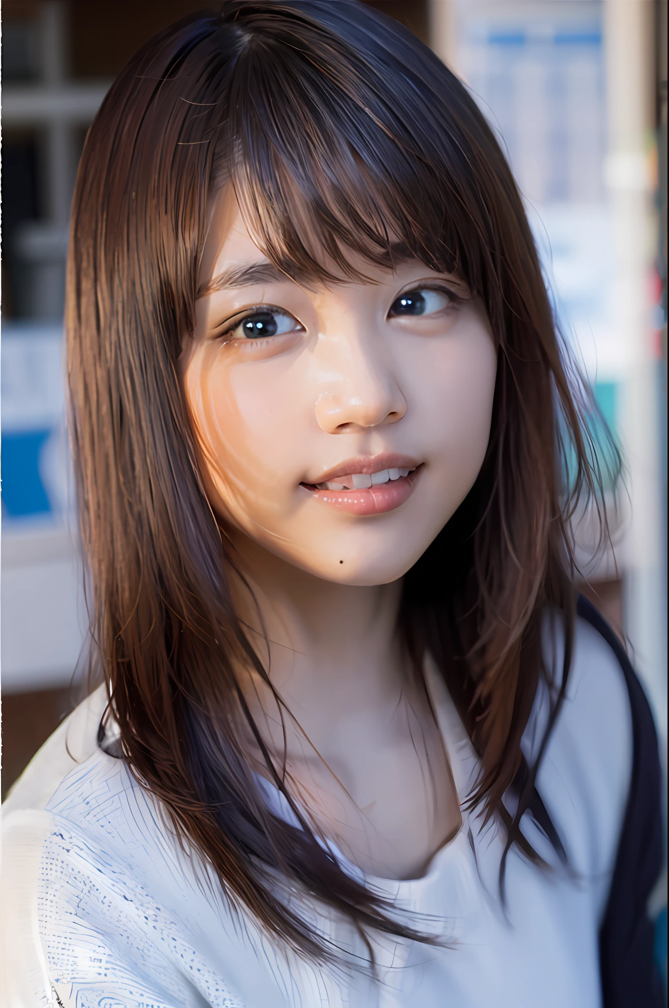 (8k, RAW photo, top quality, masterpiece: 1.2), (realistic, photorealistic: 1.37), ultra detail, ultra high resolution, one girl, beholder, beautiful detailed face, smile, constriction, (slim waist): 1.3), school uniform, beautiful detailed skin, skin texture, floating hair, professional lighting,