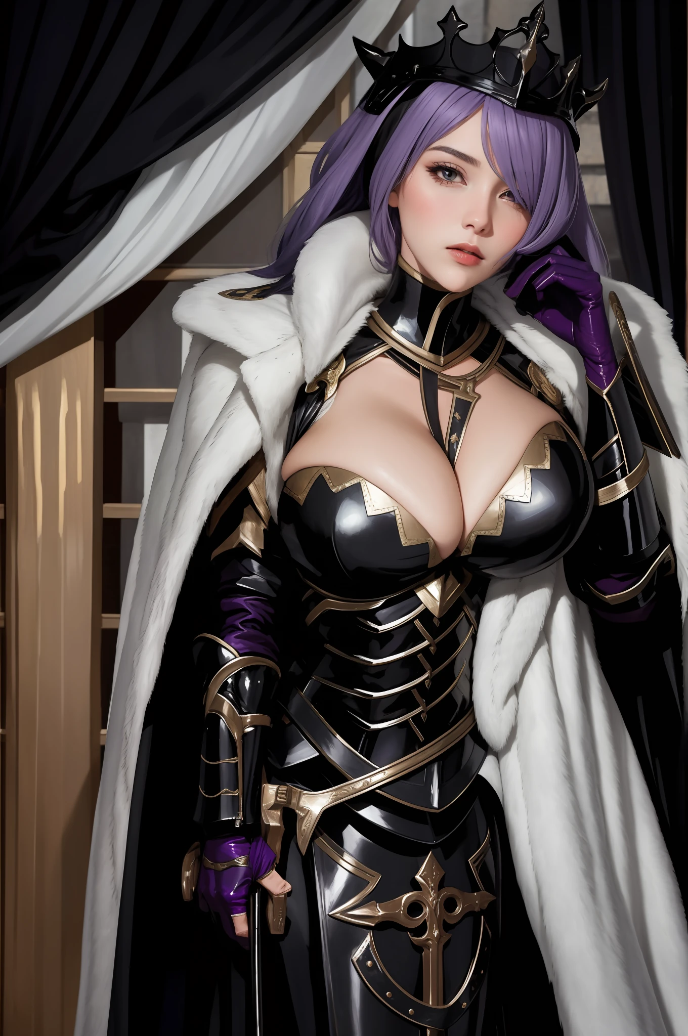 masterpiece, best quality, brvCamilla, crown, cape, armor, gloves, fur trim, upper body, huge breasts, looking at viewer, mountain, rock formations, night, serious expression, from side