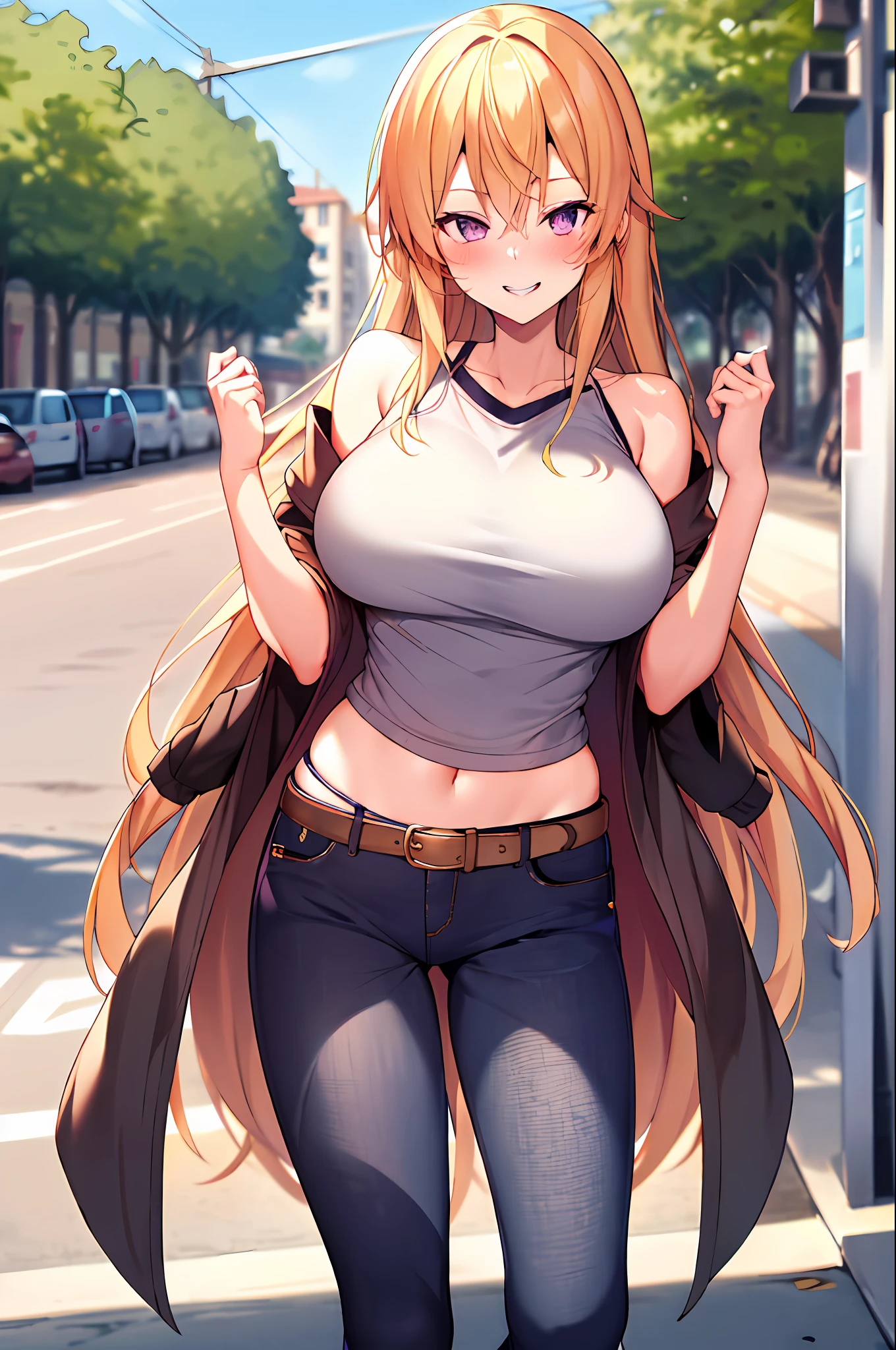 masterpiece, best quality, highres, nakiri erina, blonde hair, purple eyes, long hair, large breasts, oversized cool t shirt, stocking, cleveage, belt, short jeans pants, owboy shot, standing, looking at viewer, city road, outdoor, modern city road, blush, shy, smile, show teeth, sexy pose, short pants, jacket, bare shoulder,