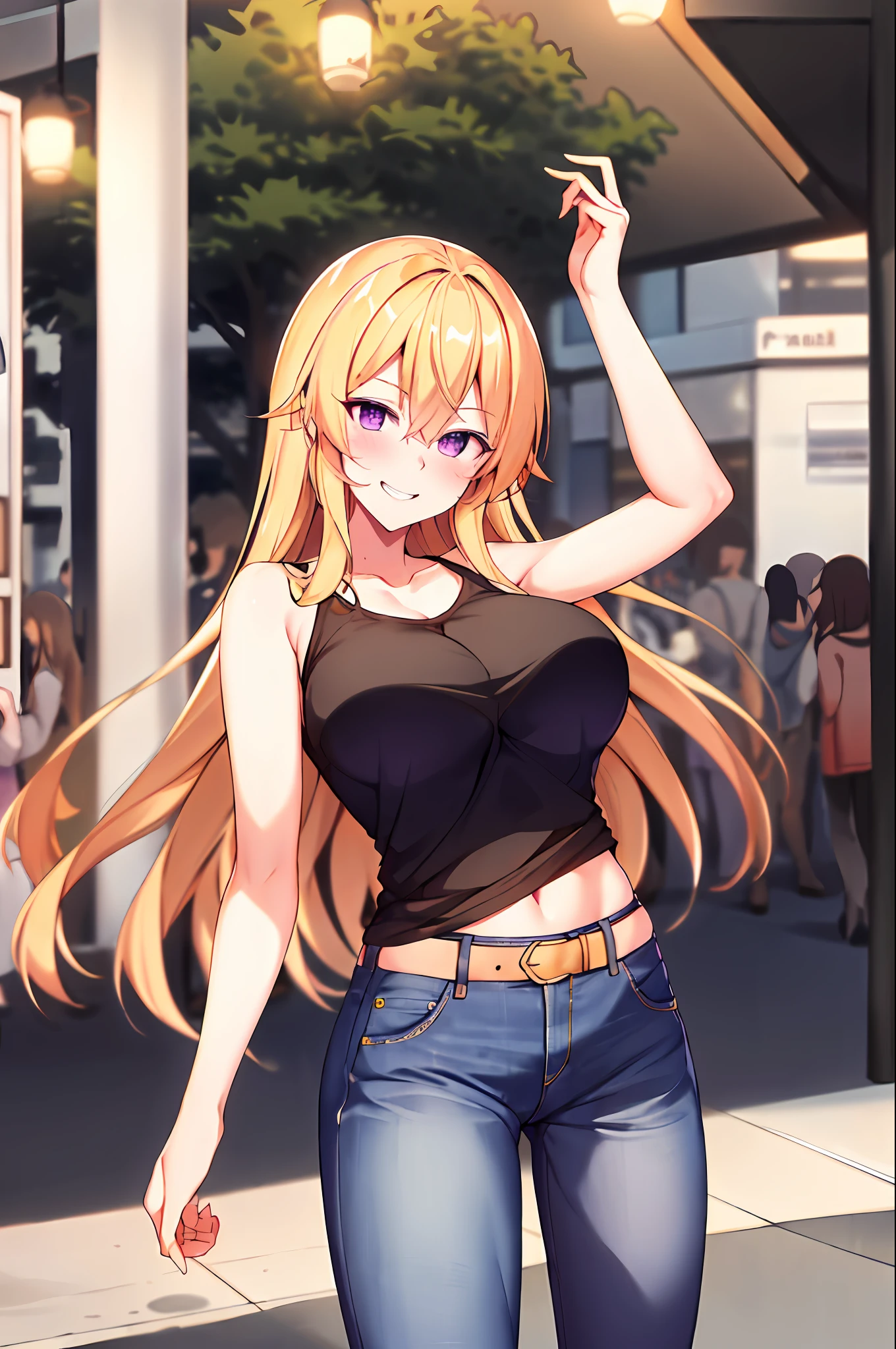 masterpiece, best quality, highres, nakiri erina, blonde hair, purple eyes, long hair, large breasts, oversized cool t shirt, stocking, cleveage, belt, short jeans pants, owboy shot, standing, looking at viewer, city road, outdoor, modern city road, blush, shy, smile, show teeth, sexy pose, short pants, jacket, bare shoulder,