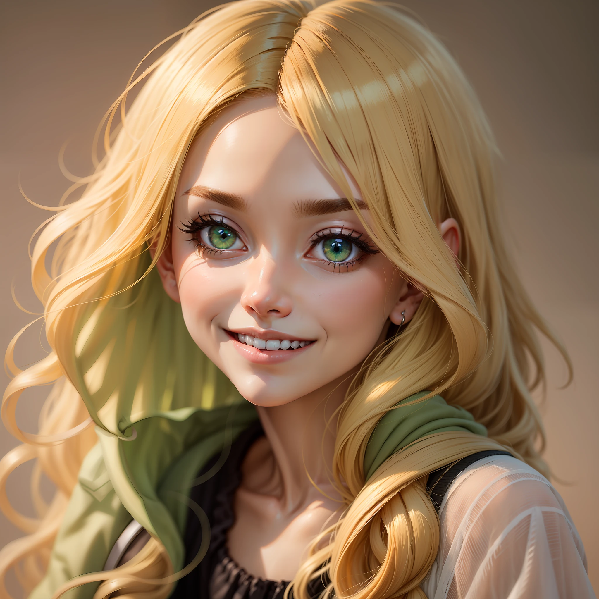 Blonde woman, small mouth, small nose, slightly green eyes, smiling