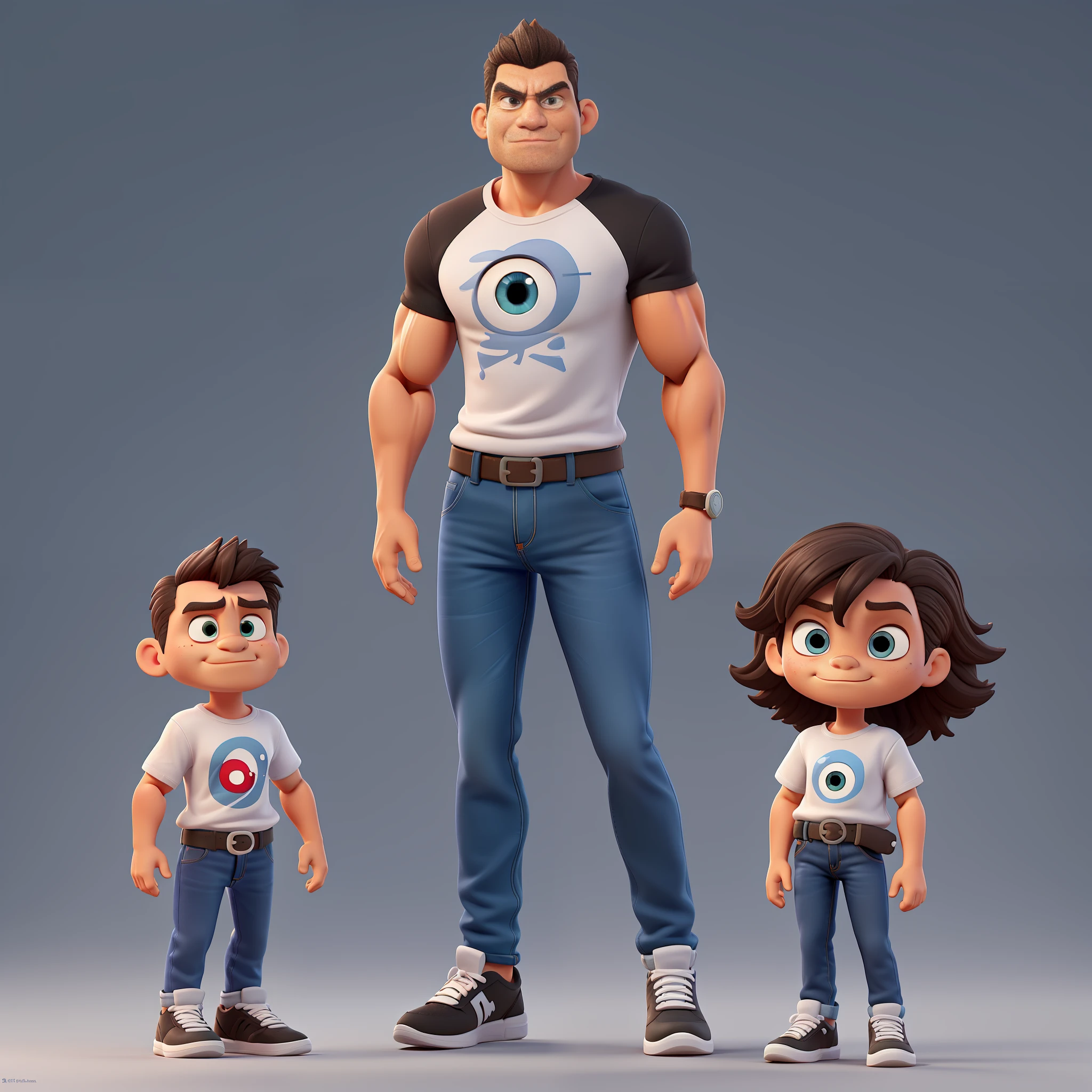 Cute and adorable cartoon man, fit, 42 years old, super short hair, killer eye, highly detailed eyes, front-faceing, casual wear, muscular, angry mood, fit, wearing white T-shirt and dark blue jeans and black running shoes, looks like a boss, full body view, highly detailed hands, toy figures, best quality, 3d cartoon, full body view, fantasy, dream, surrealism, super beautiful, trend at artstation