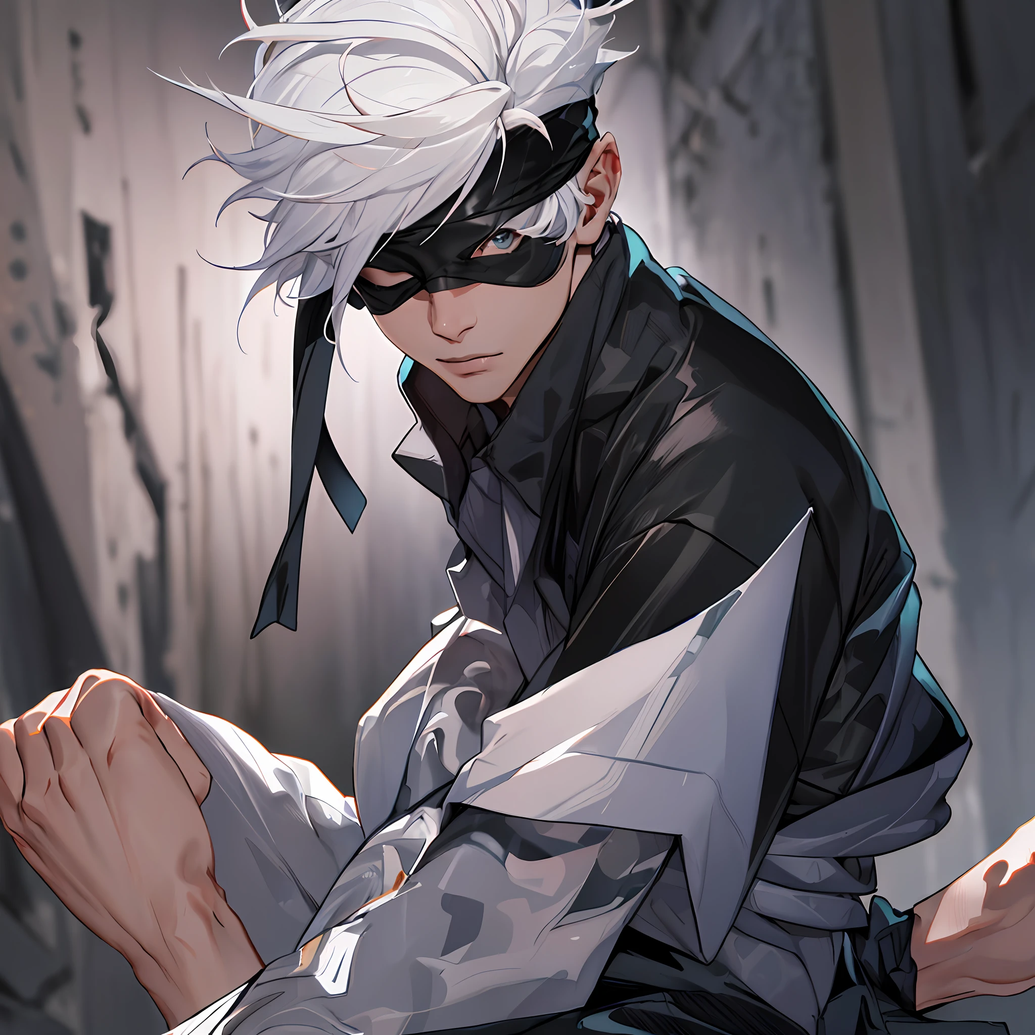 (absurdres, highres, ultra detailed, HDR), masterpiece, best quality, 1man, solo, handsome, short hair, white hair, black blindfold, black jacket, gojo,