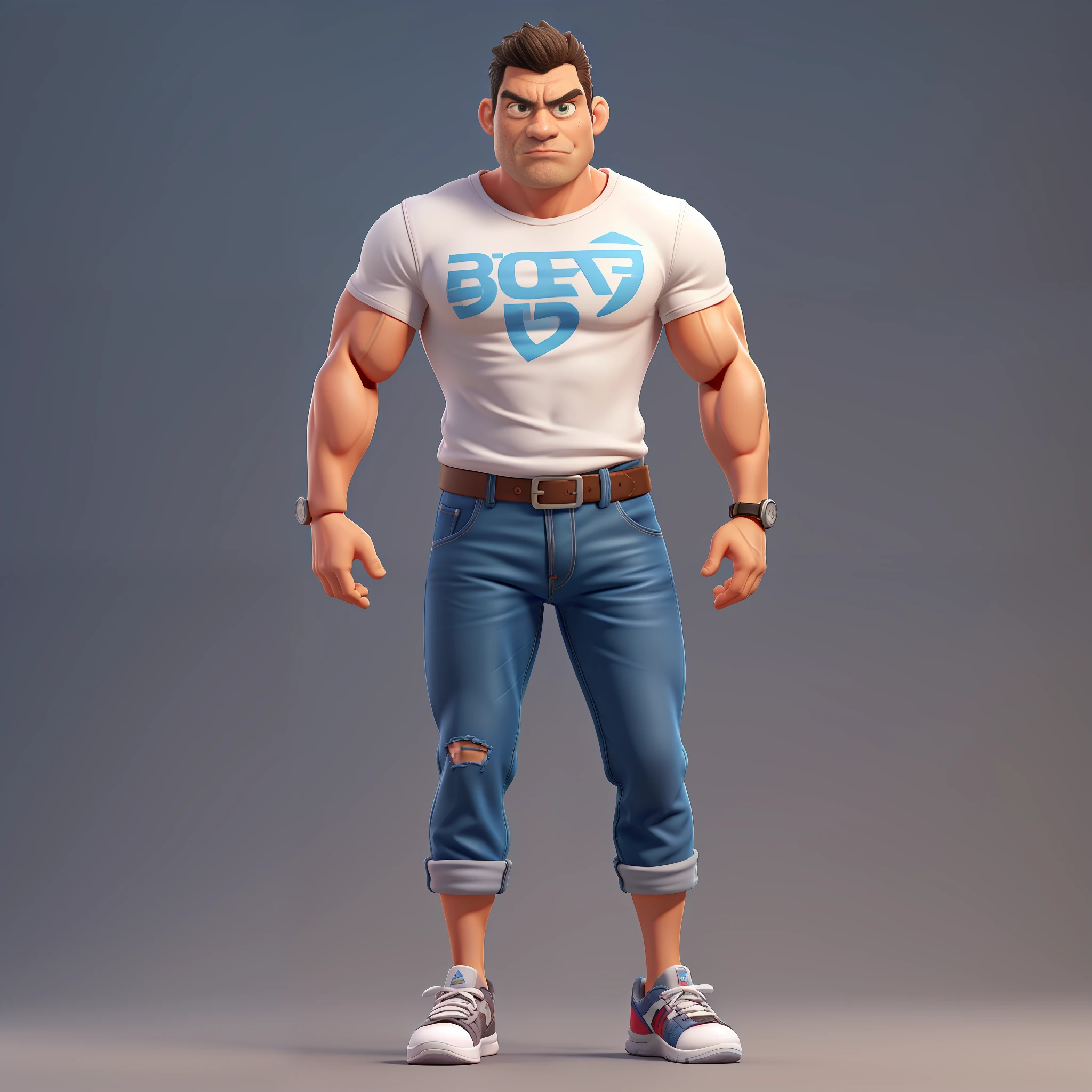 Cute and adorable cartoon man, fit, 42 years old, super short hair, killer eye, highly detailed eyes, front-faceing, casual wear, muscular, angry mood, fit, wearing white T-shirt and dark blue jeans and black running shoes, looks like a boss, full body view, highly detailed hands, toy figures, best quality, 3d cartoon, full body view, fantasy, dream, surrealism, super beautiful, trend at artstation