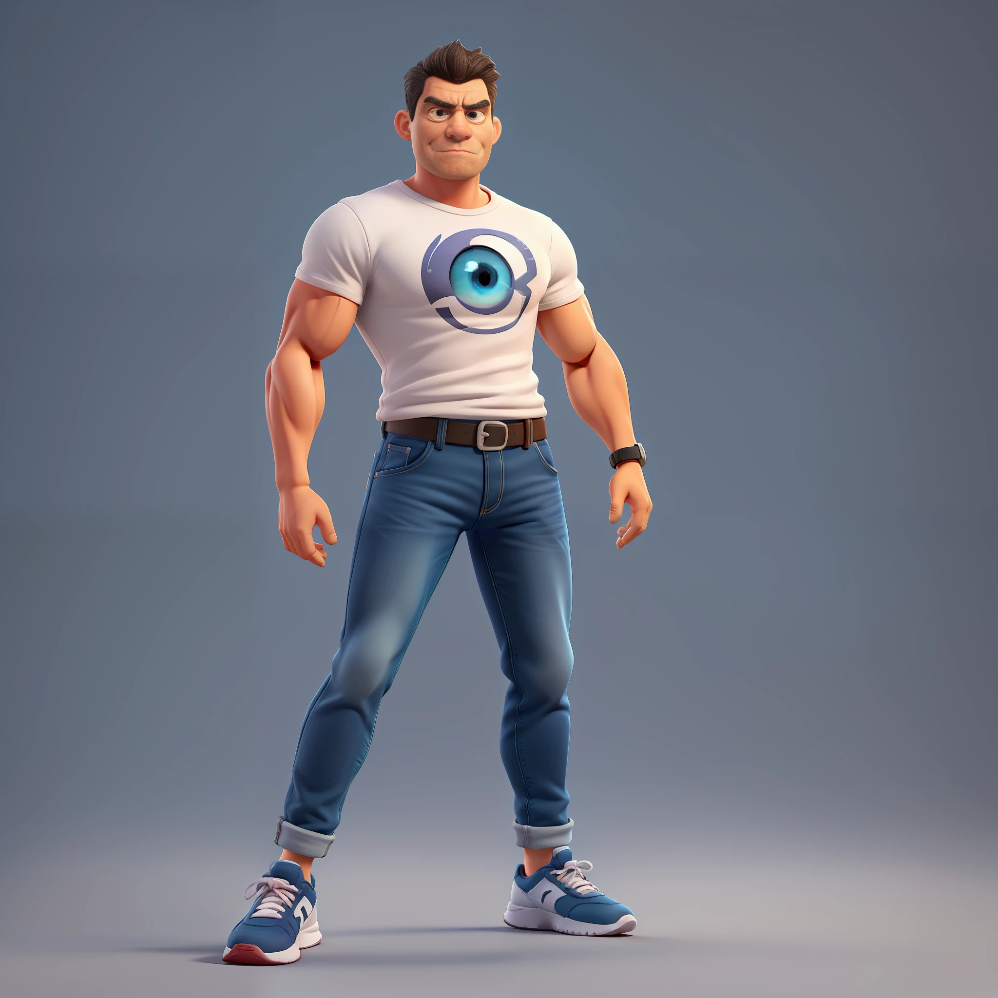 Cute and adorable cartoon man, fit, 42 years old, super short hair, killer eye, highly detailed eyes, front-faceing, casual wear, muscular, angry mood, fit, wearing white T-shirt and dark blue jeans and black running shoes, looks like a boss, full body view, highly detailed hands, toy figures, best quality, 3d cartoon, full body view, fantasy, dream, surrealism, super beautiful, trend at artstation