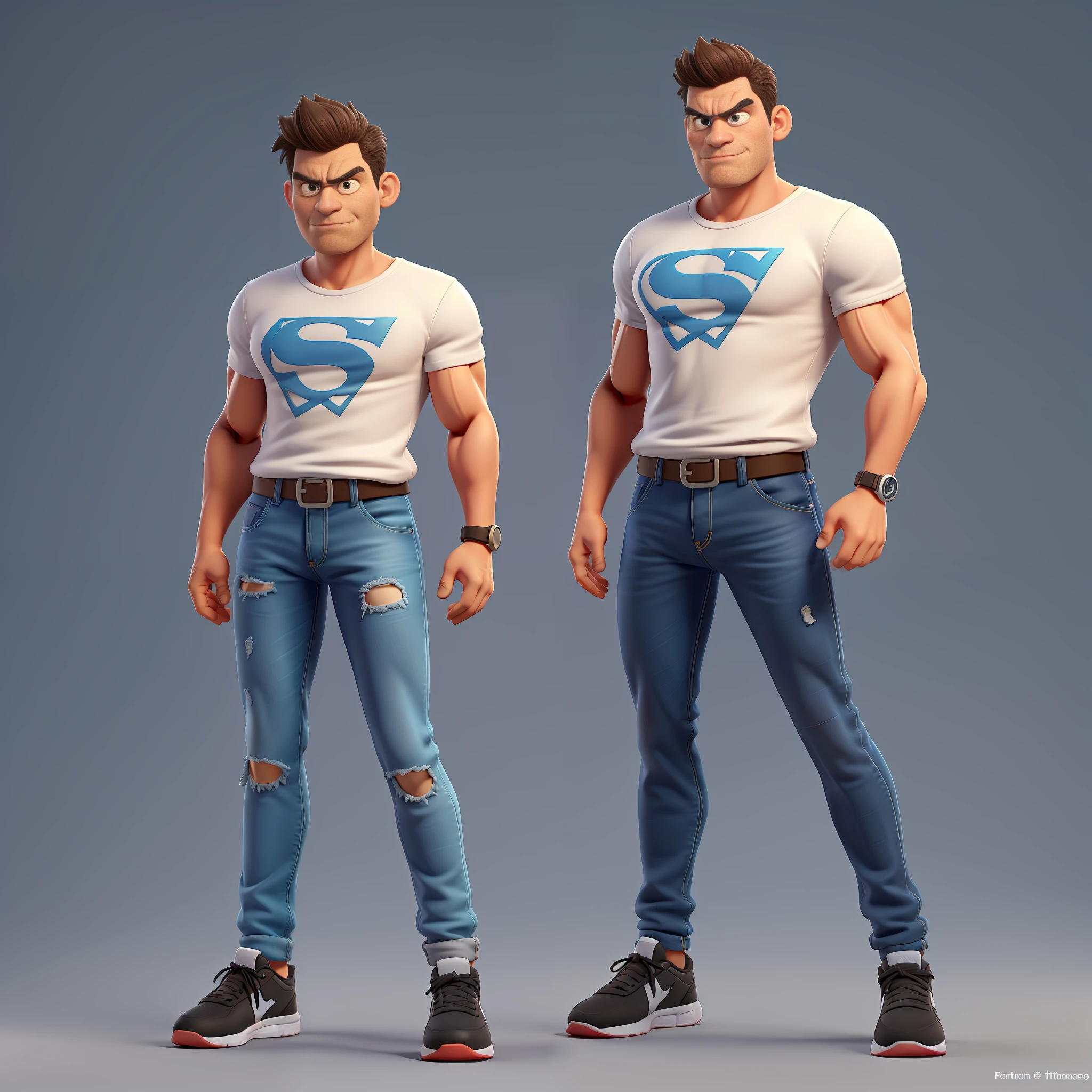 Cute and adorable cartoon man, fit, 42 years old, super short hair, killer eye, highly detailed eyes, front-faceing, casual wear, muscular, angry mood, fit, wearing white T-shirt and dark blue jeans and black running shoes, looks like a boss, full body view, highly detailed hands, toy figures, best quality, 3d cartoon, full body view, fantasy, dream, surrealism, super beautiful, trend at artstation