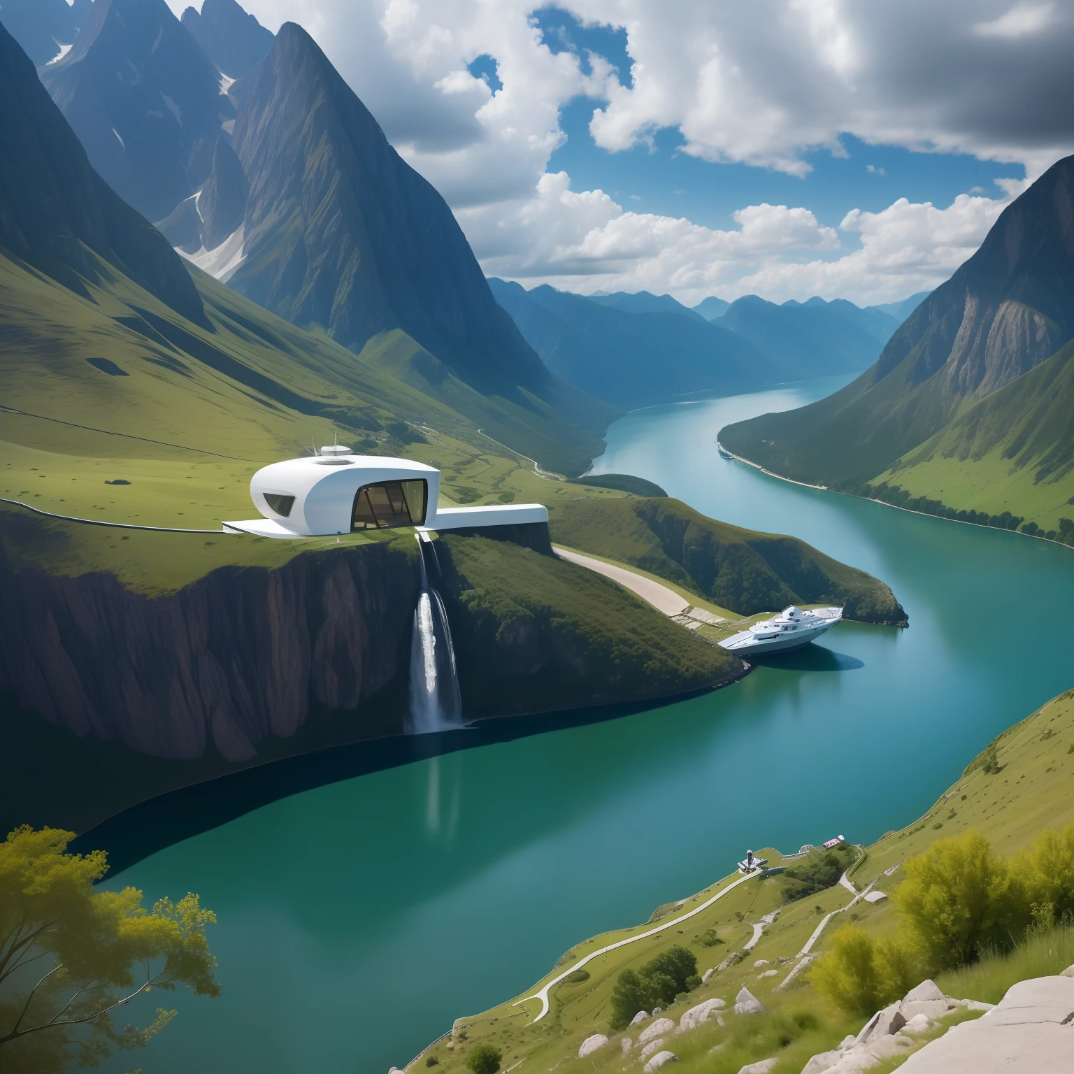 Futuristic cabin at the top, with stairs leading to a small pier below. futuristic boat docked.