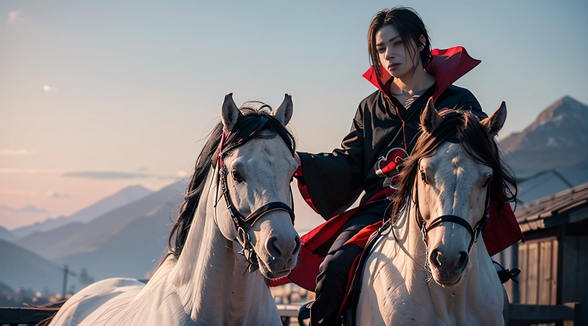 (Masterpiece, Excellent, uchiha itachi mounted on a beautiful white horse