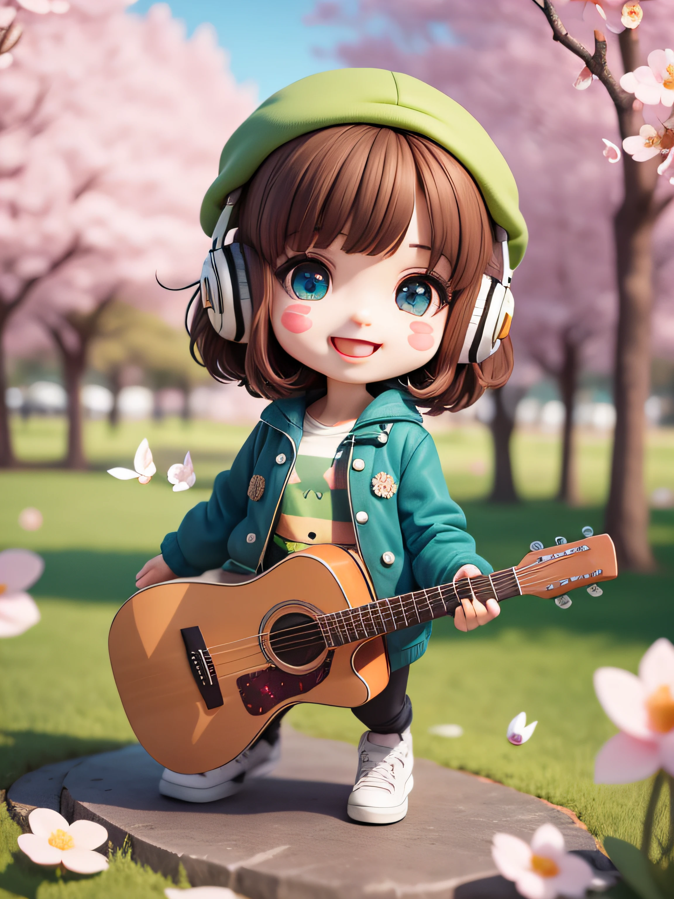 (masterpiece),(best quality),(ultra-detailed), (full body:1.2),
1girl,chibi,cute, smile, open mouth,
flower, outdoors, playing guitar, music, beret, holding guitar, jacket, blush, tree, :3, shirt, short hair, cherry blossoms, green headwear, blurry, brown hair, blush stickers, long sleeves, bangs, headphones, black hair, pink flower,
(beautiful detailed face), (beautiful detailed eyes),