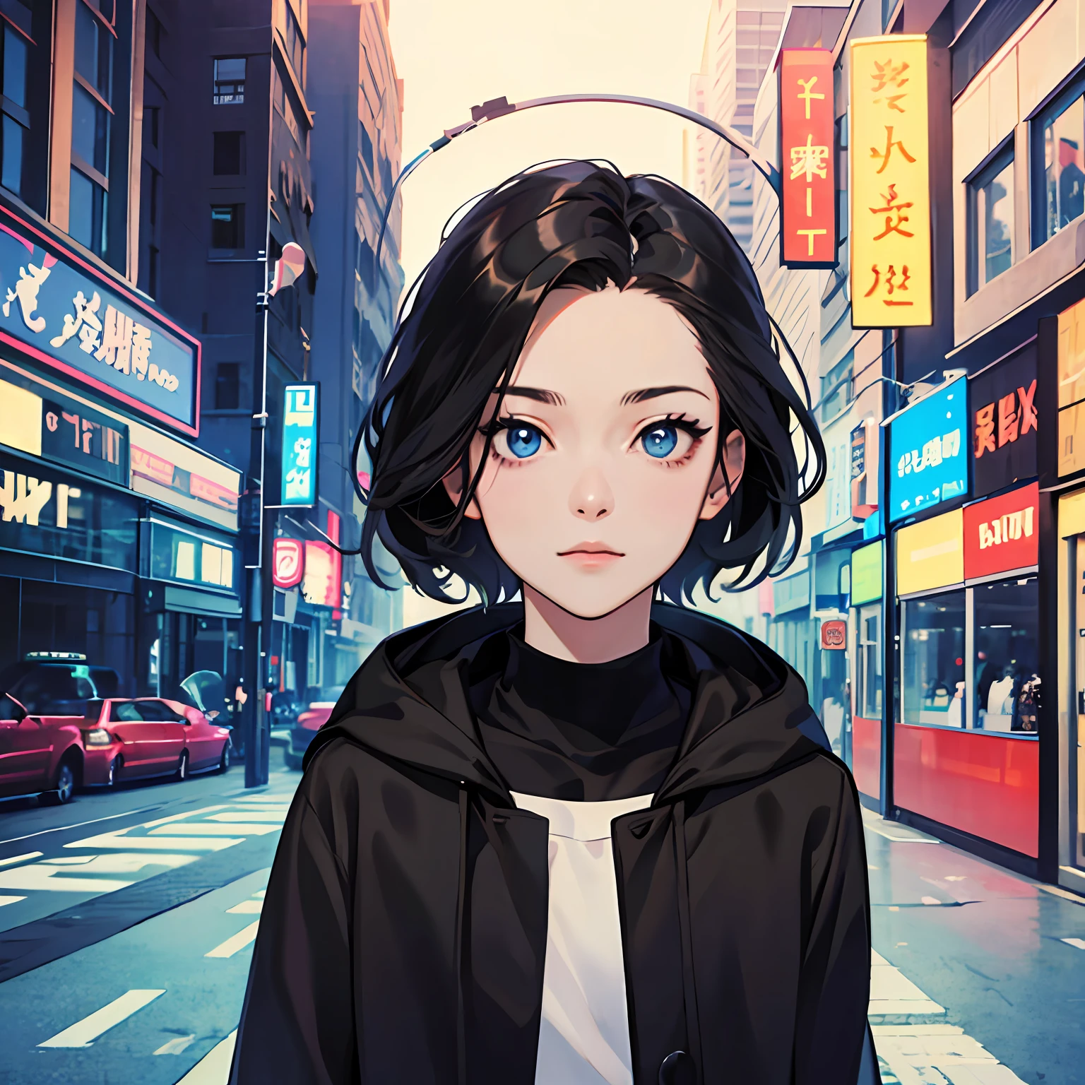 anime girl, anime, black hair, detailed eyes, city, with black coat, detailed skin, blue eyes --auto