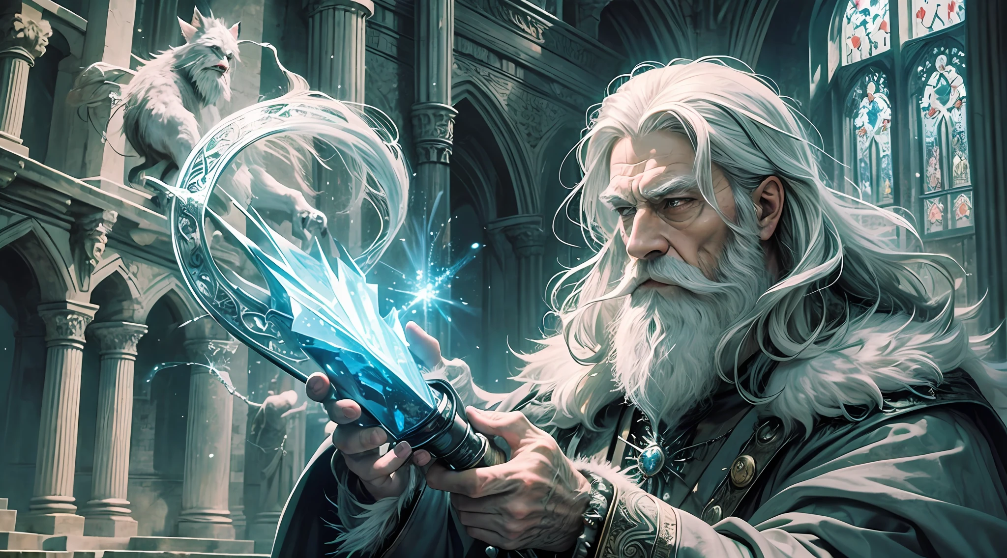Artwork, (masterpiece), fantastic realism medieval castle in the background, wizard man, using beautiful magic wand detailed and with crystal tip, wizard with white beard, white hair and curly and fulfilled, black wolf, very detailed and hairy. --auto --s2